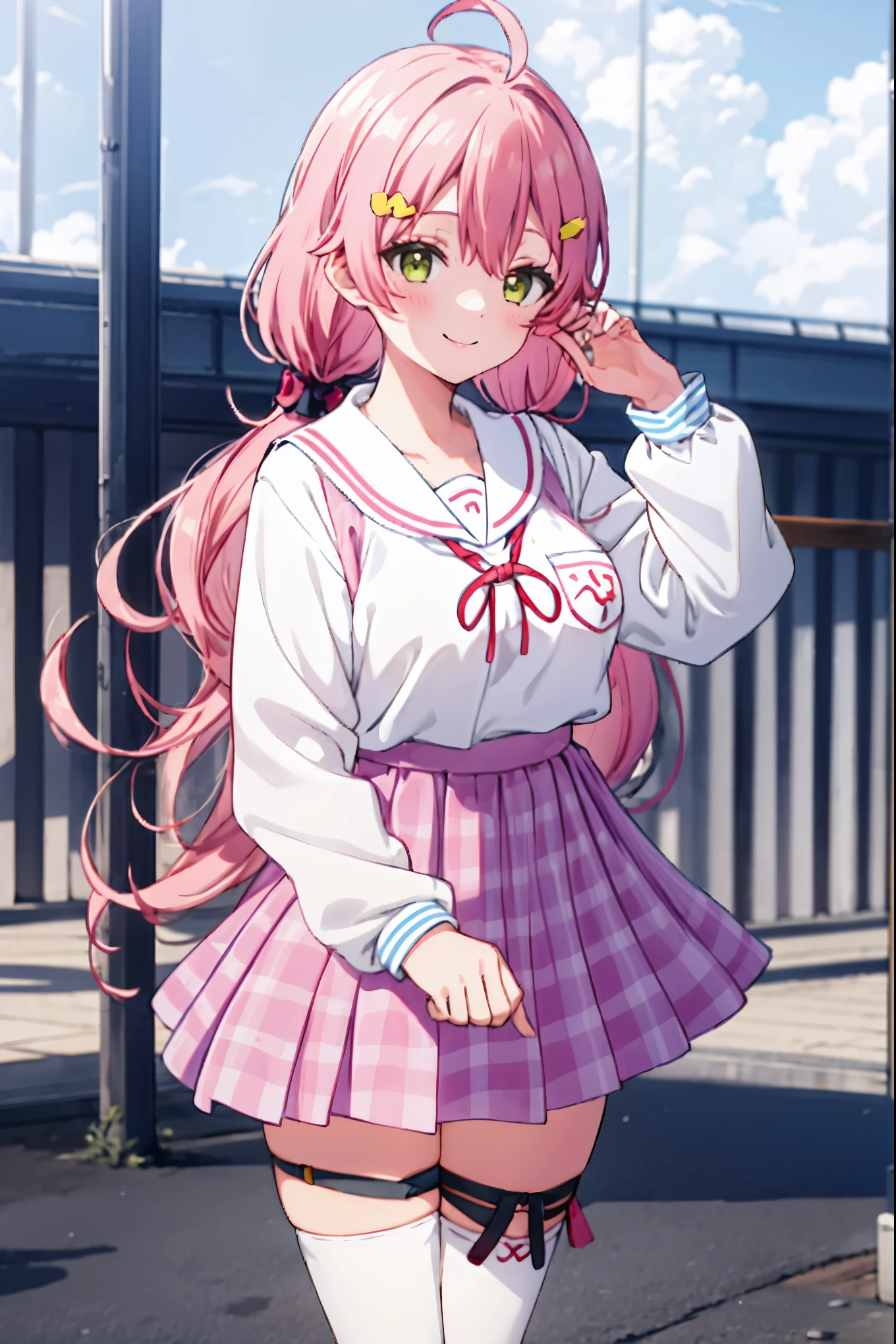 masterpiece, best quality, 1 girl, solo, MikoSchool, ahoge,pink_short_ponytail, hairclip, , white shirt, sailor_collar, pink_skirt, plaid, white_thighhighs, short_sleeves,  looking through legs,smile,large_breasts,