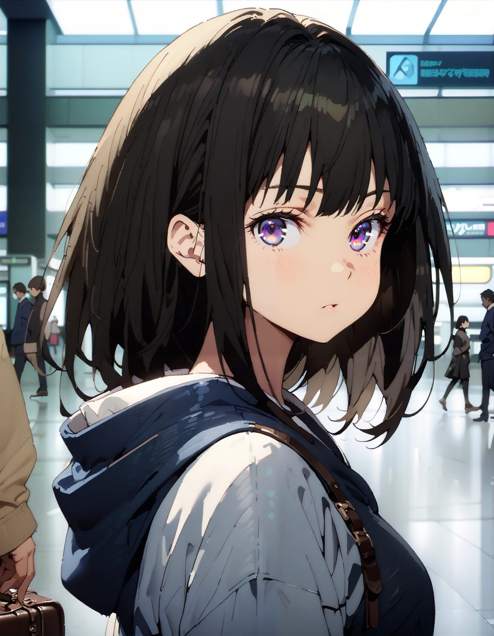 Takiuchikami, check it out, long short hair , bob cut, bangs, black hair, purple eyes,Medium breast,Blue oversized hoodie , white long skirt, Bbo~, suitcases, standing,whole bodyがイラストに入る入るように,
break indoors,airport,lobby,
break looking at viewer,whole body,
break ( Masterpiece:1.2), top quality , kampala, Unity 8k Wallpaper,(shape:0.8),( fine, beautiful eyes :1.6),It's a person ,whole body写真,CG Details , ( perfect hands, Complete Anatomy),
