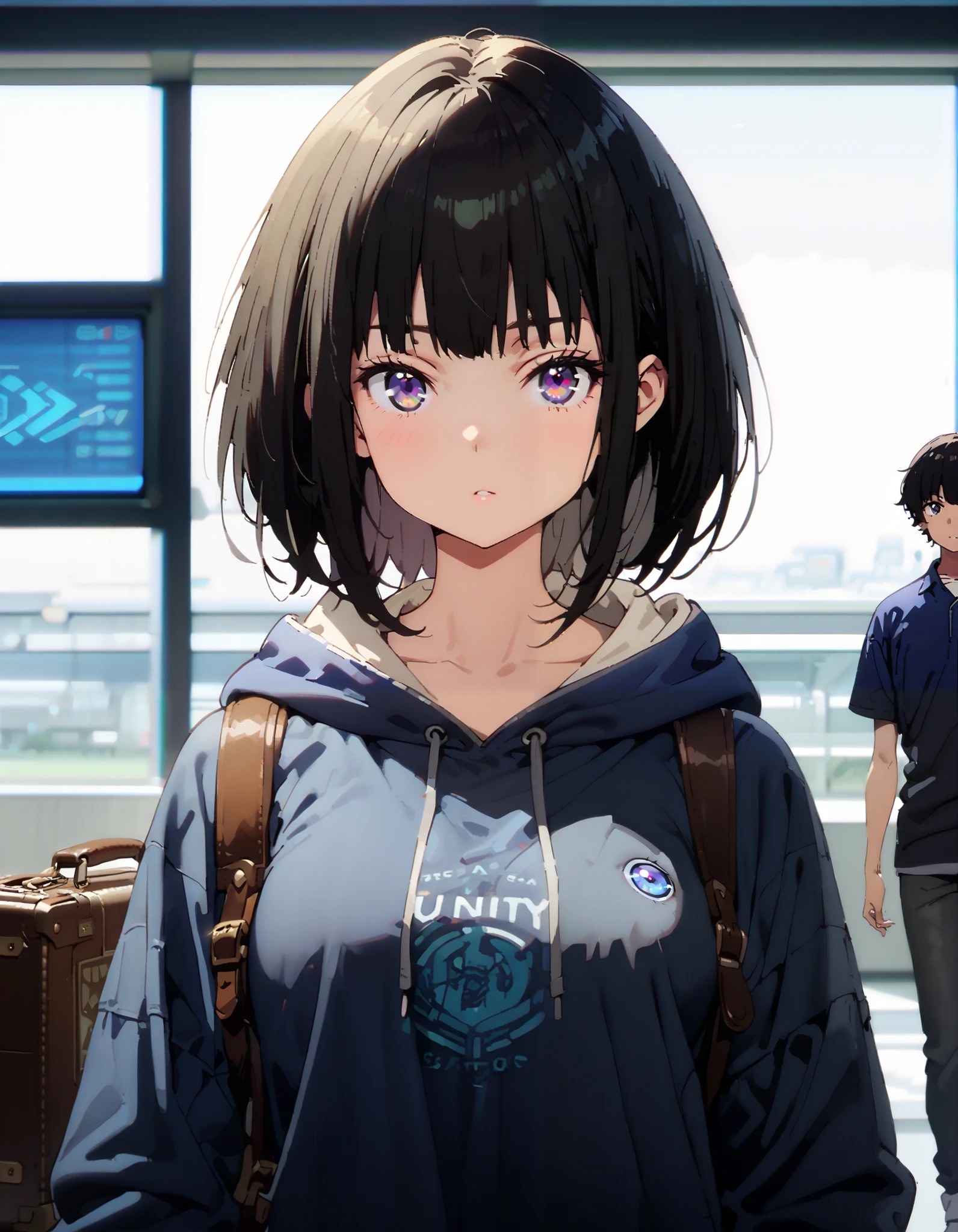 Takiuchikami,  check it out, long short hair , bob cut, bangs,   black hair,   purple eyes,Medium breast,Blue oversized hoodie , white long skirt, Bbo~, suitcases, standing,whole bodyがイラストに入る入るように,
break indoors,airport,lobby,
break looking at viewer,whole body,
break ( Masterpiece:1.2), top quality , kampala, Unity 8k Wallpaper,(shape:0.8),(  fine, beautiful eyes  :1.6),It's a person ,whole body写真,CG Details , ( perfect hands, Complete Anatomy),