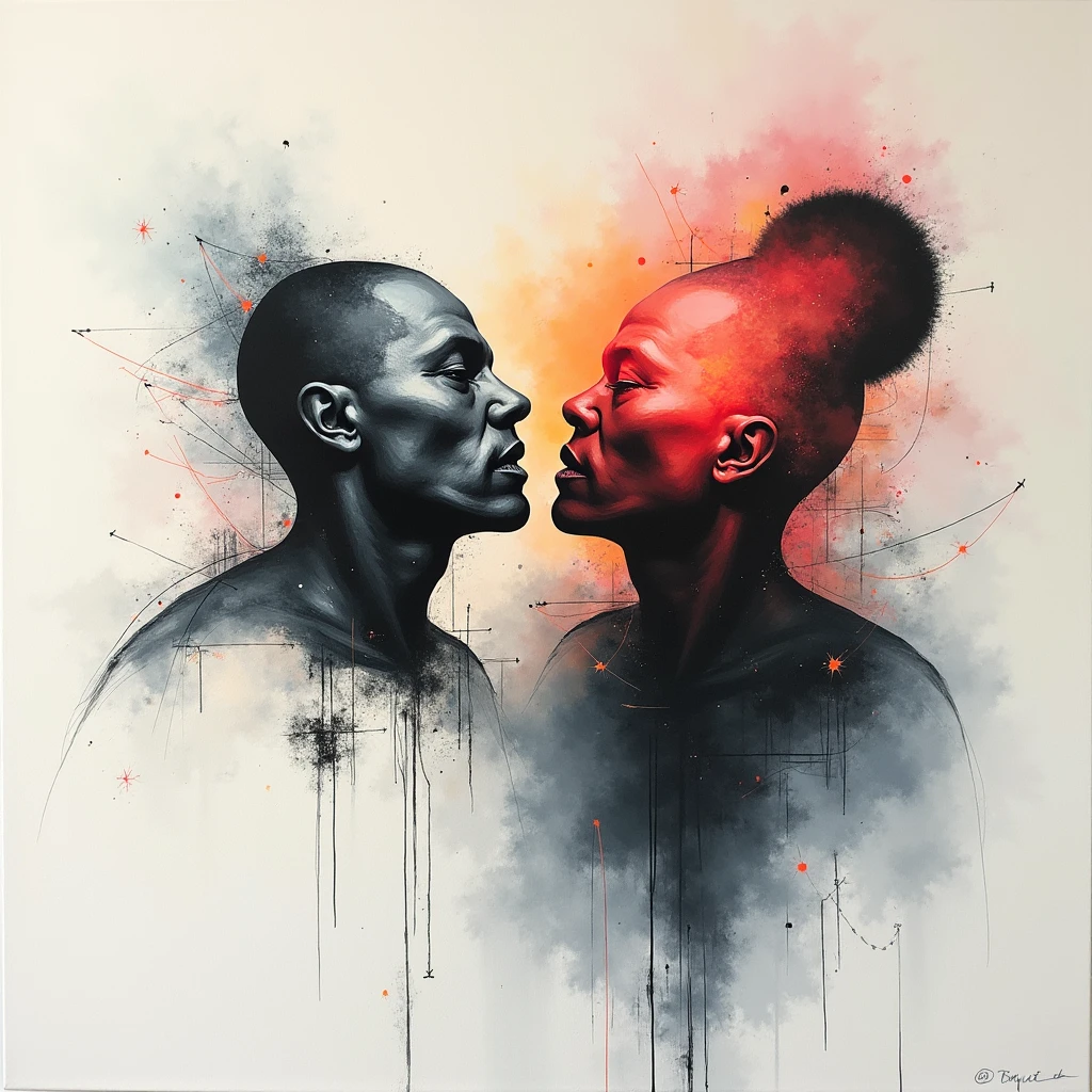 There is a painting of a man and a woman in a heart, inspirado por Robert Colescott, inspirado em Asaf Hanuka, Arte LGBT, inspirado em Cleon Peterson, full-colour illustration, full-colour illustration, Pintura de Robert Colescott, digital illustation, guache e tinta, Jen Bartel, Lowres, lesbian art, 2 d gouache illustration, Directed by: Jessie Alexandra