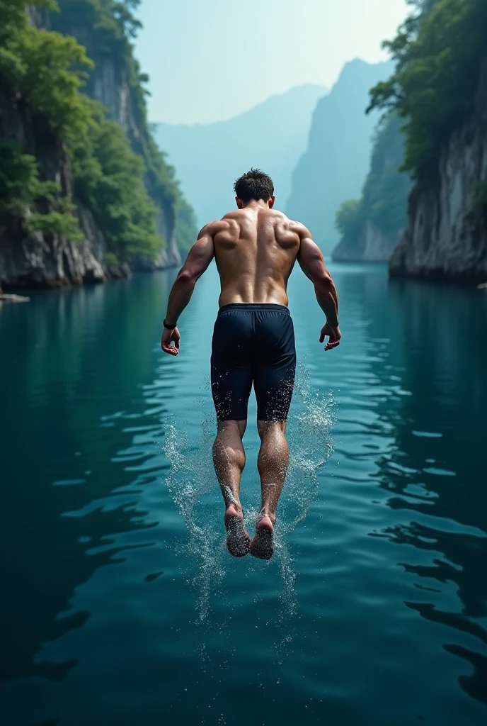 a candid photo of a guy skipping on a rocky stone that submerge on the lake, located on a forest mountain at morning time, close up on face, soft diffused lightning, shot on Hasselblad 500CM --auto --s2