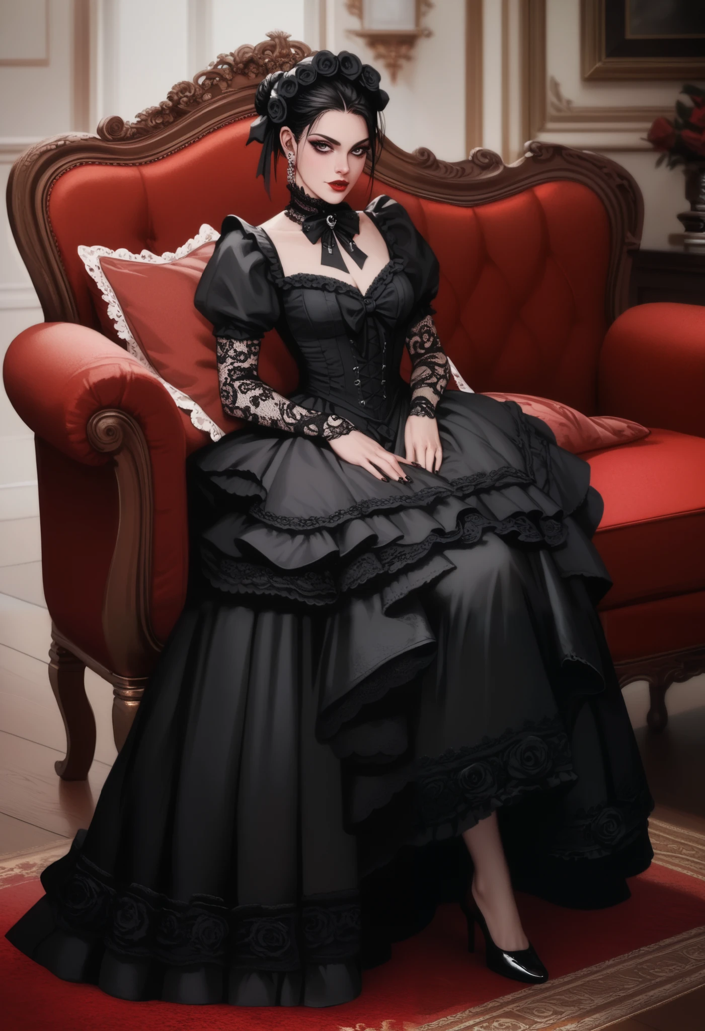 baroque, Gothic Lolita, , 1 , alone, full body, black sofa , black dress, absurdities, white lace, highres, extremely detailed, more detailed, red lips