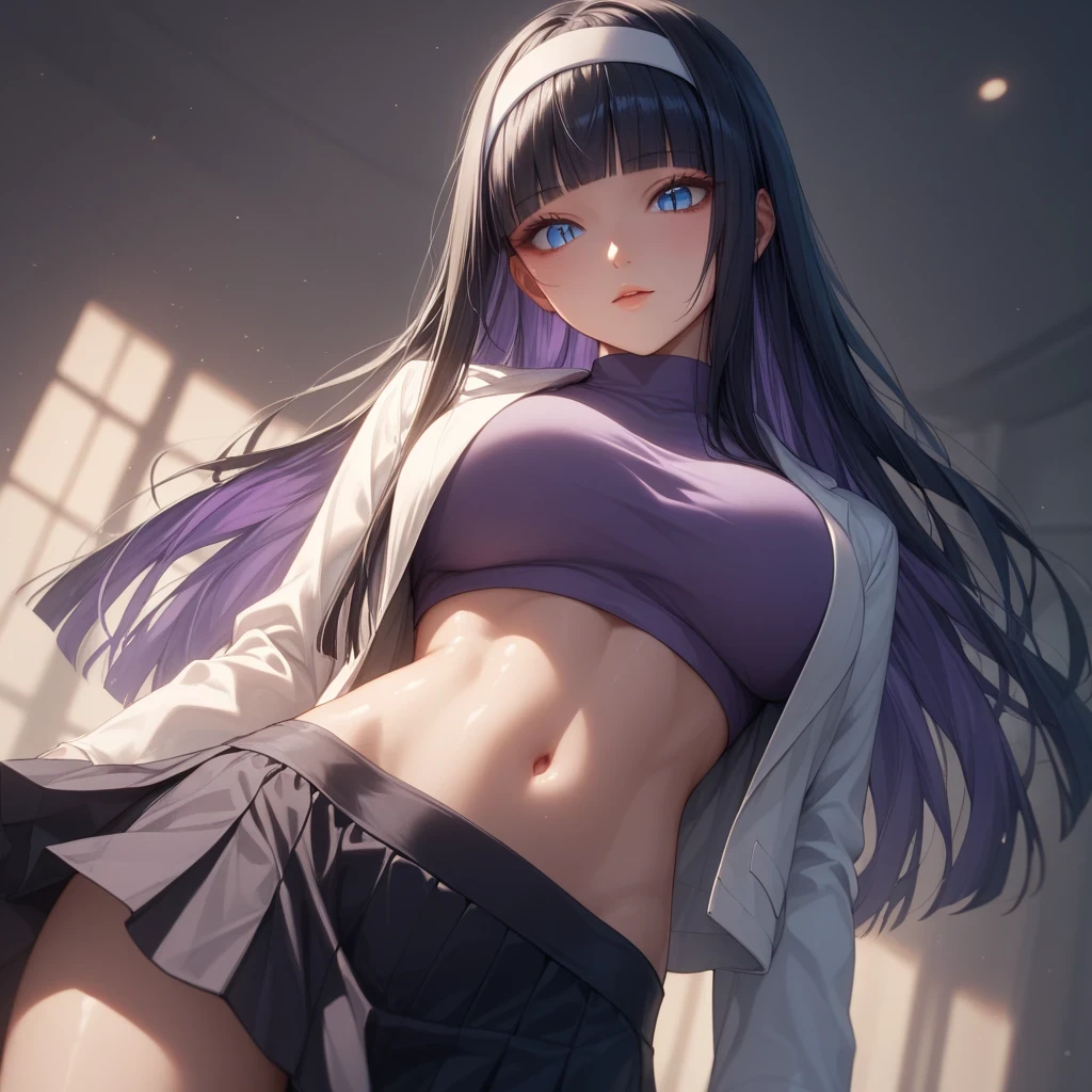 ((black hair))、(purple inner hair), top quality、 ( professional lighting without shadows )、 surreal, (Nipples:0.4), is fascinating、 figure like a slender supermodel、 1 girl,, ( big breasts, Belly button exposed), ( flat at honny, beautiful skin)), (明るい and beautiful blue eyes , ((hime cut,long hair )),(down jacket, headband top, slit skirt, long boots) , ( beautiful face squinting in bright light ), dynamic angle, face focus, looking side