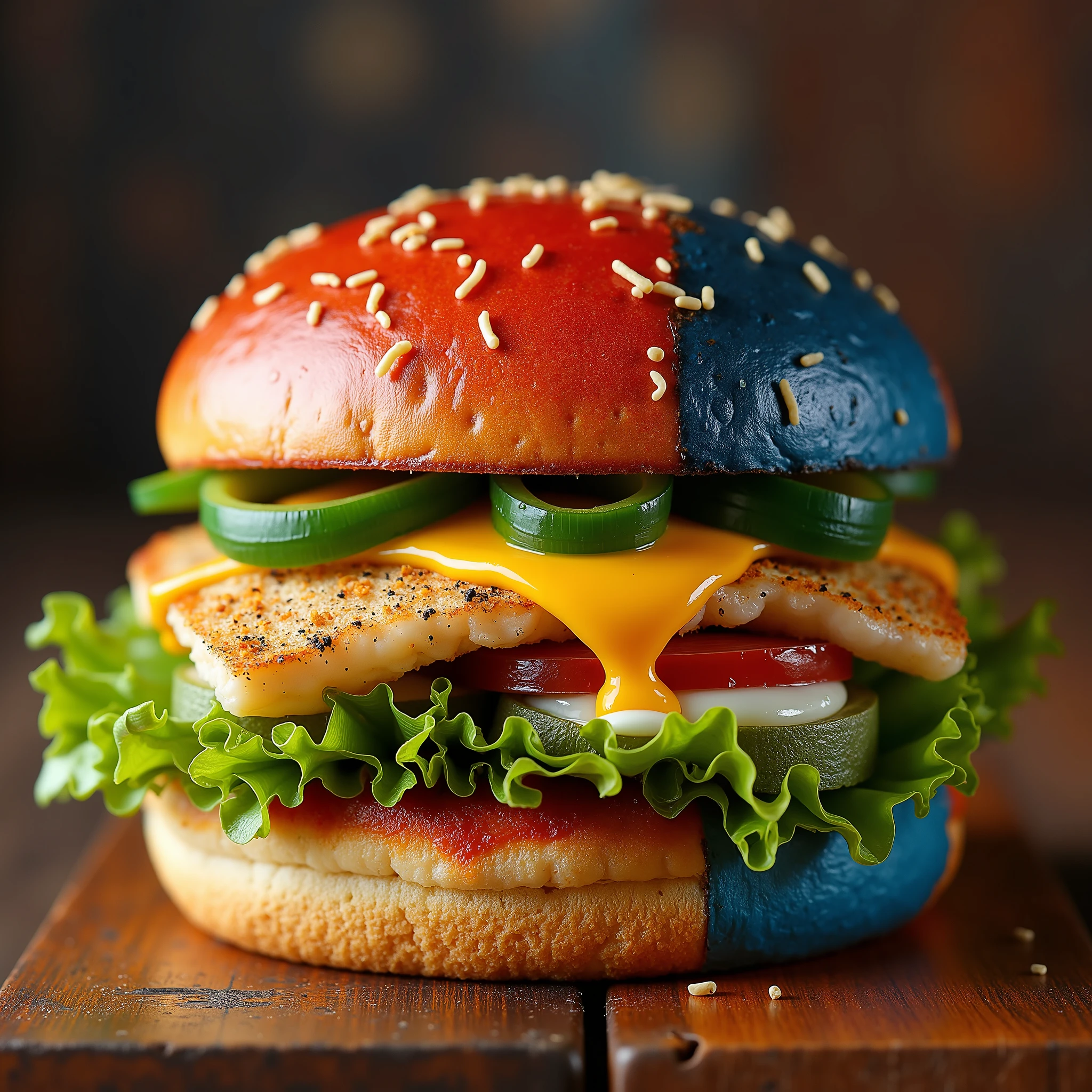 Imagine a hamburger with a multicolored bun in shades of red, blue and black. The colors are evenly distributed in a circular shape. The filling is made up of fish fillet, green onion rings, green eggs, grass blades, cheese with seasoning granules, thick mustard sauce, mayonnaise and ketchup. The setting is that of a hamburger franchise, with a rustic varnished wooden table.