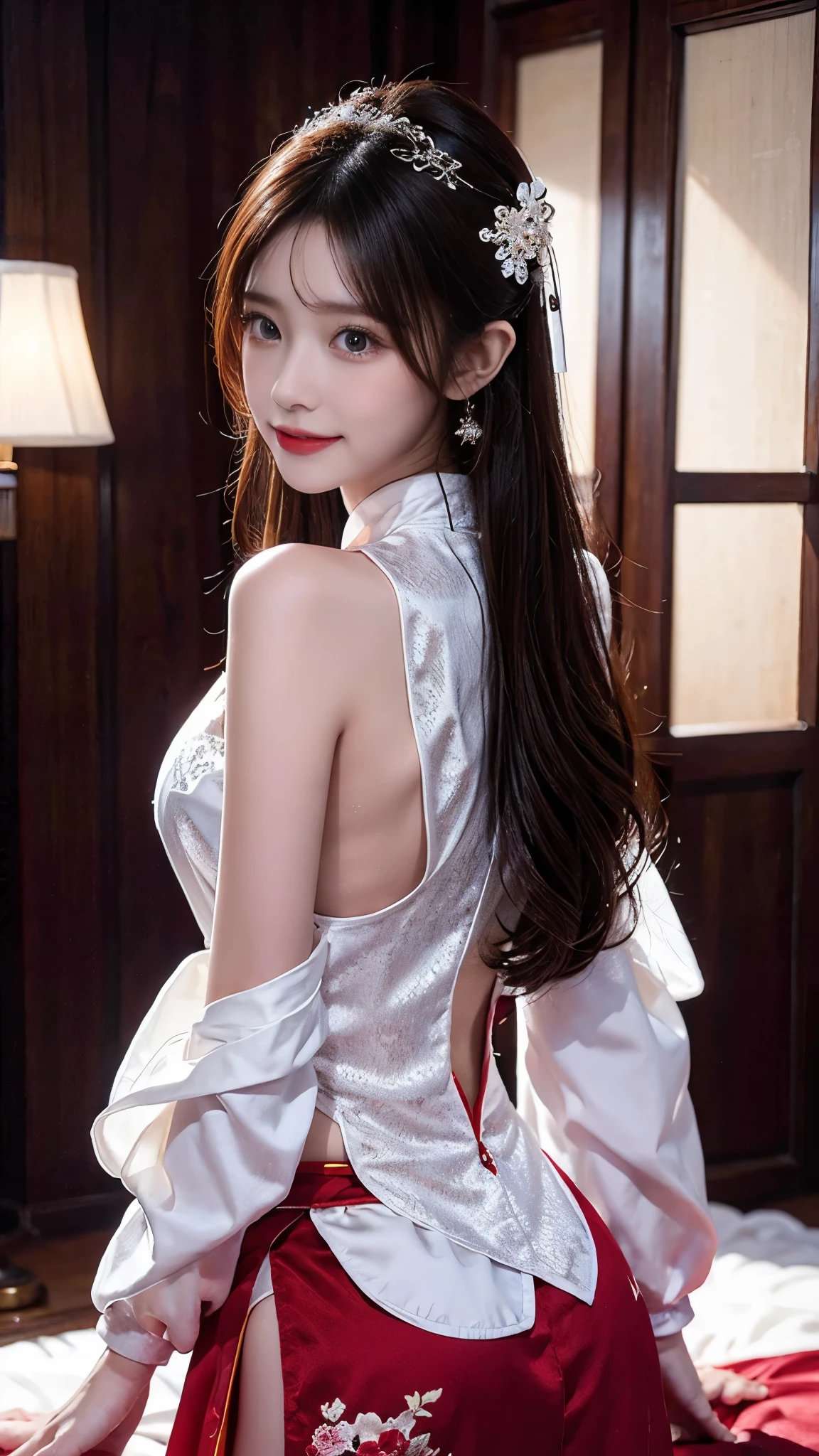 High resolution, adult woman , good lighting, despicable, , (No nudity), (((China dress))), (()), ((())), (garter belt), abdomen only, (), , cute face, I'blush with embarrassment, humiliating, ((look back)), ((See-through))()(T-back)