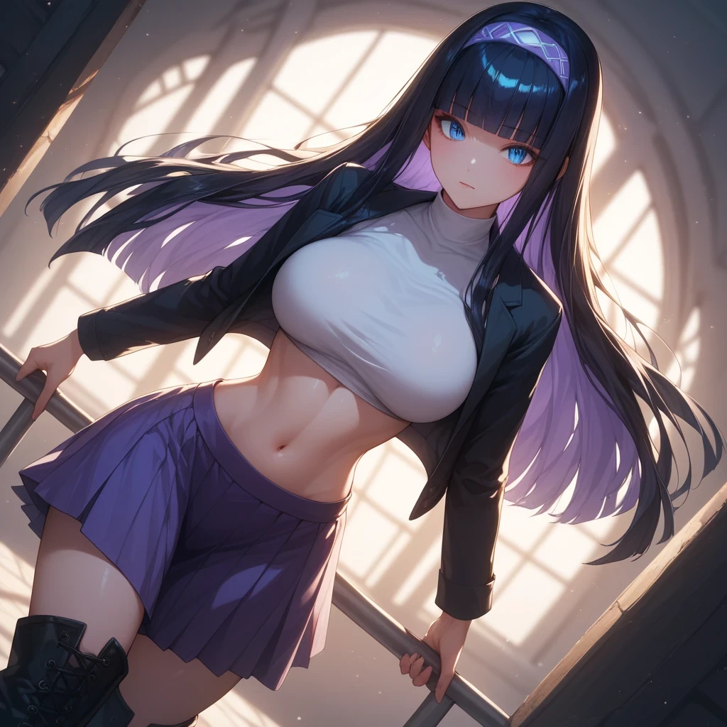 ((black hair))、(purple inner hair), top quality、 ( professional lighting without shadows )、 surreal, (Nipples:0.4), is fascinating、 figure like a slender supermodel、 1 girl,, ( big breasts, Belly button exposed), ( flat at honny, beautiful skin)), (明るい and beautiful blue eyes , ((hime cut,long hair )),(down jacket, headband top, slit skirt, long boots) , ( beautiful face squinting in bright light ), dynamic angle, face focus, looking side