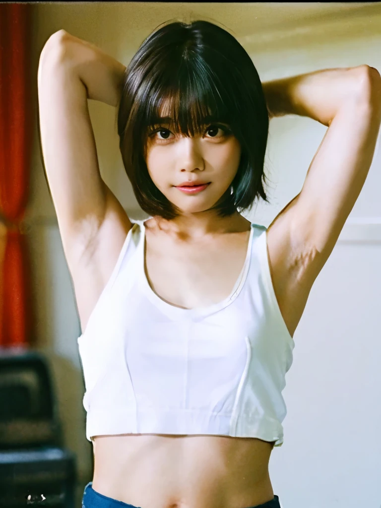 1girl, (Japanese girl, hands behind head, hairy armpit exposed), ((white tank-top)), slender body, cleavage, large breasts, belly button, (hairy armpits:1.4, armpit hair:1.4), pale skin:1.2, short hair, bangs, white wall, studio lighting, looking at viewer, Realistic, (real picture, Intricate details), natural skin texture:1.5