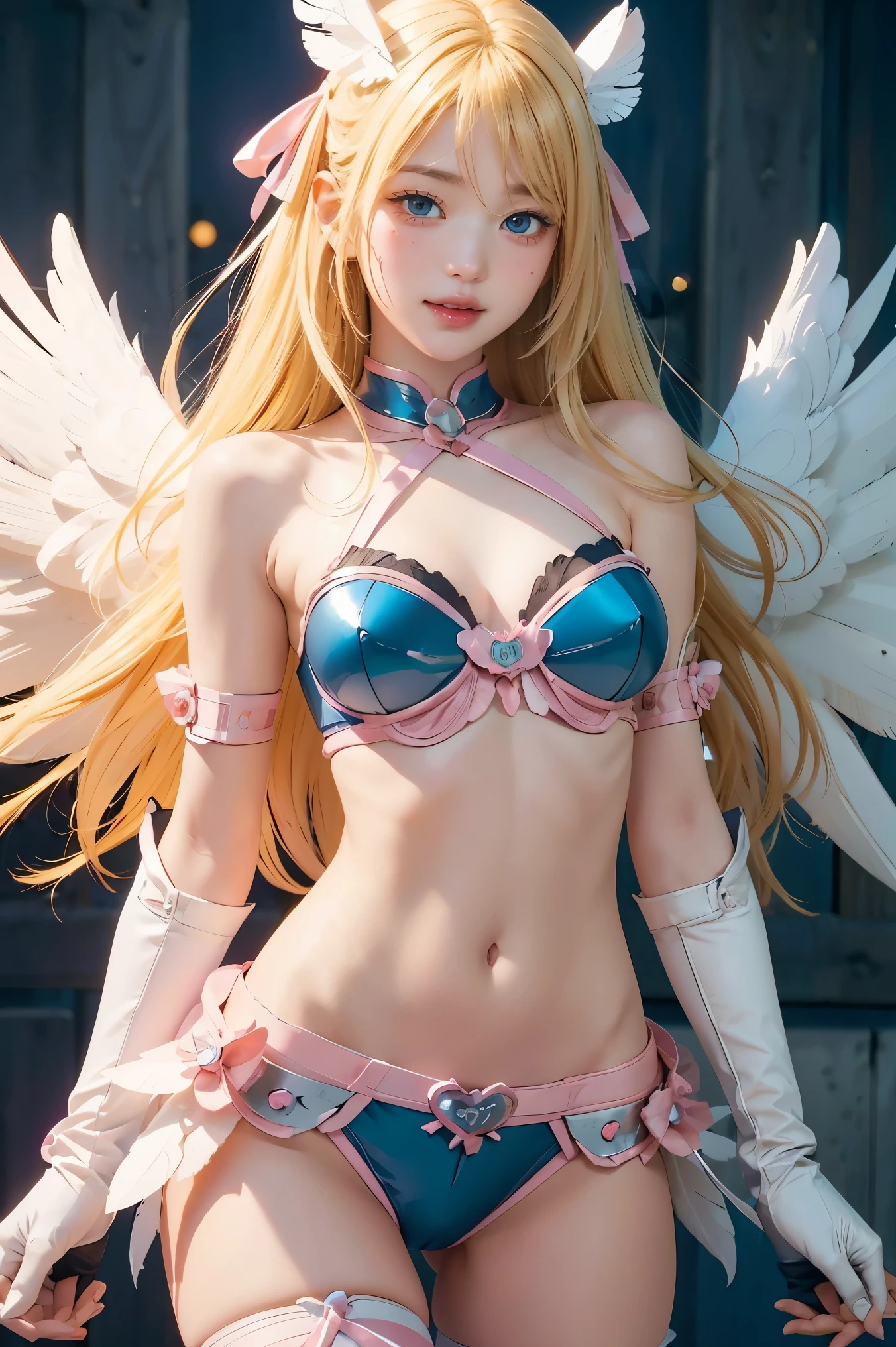 angewomon, ((blonde hair)), long hair, angel wings,blue eyes, armored shoulders, elbow gloves, feathered wings, gloves, navel, pink ribbon, ribbon, single elbow glove, single glove, thigh strap, wings, sexy, sexy body, laugh, masterpiece, best quality, in detail,cute, (split), whole body, Best image quality、masterpiece、8k、Anime Face、A kind smile、 beautiful body 、Cowboy Shot,sexy、Very detailed、highest quality, SPD, armor, 