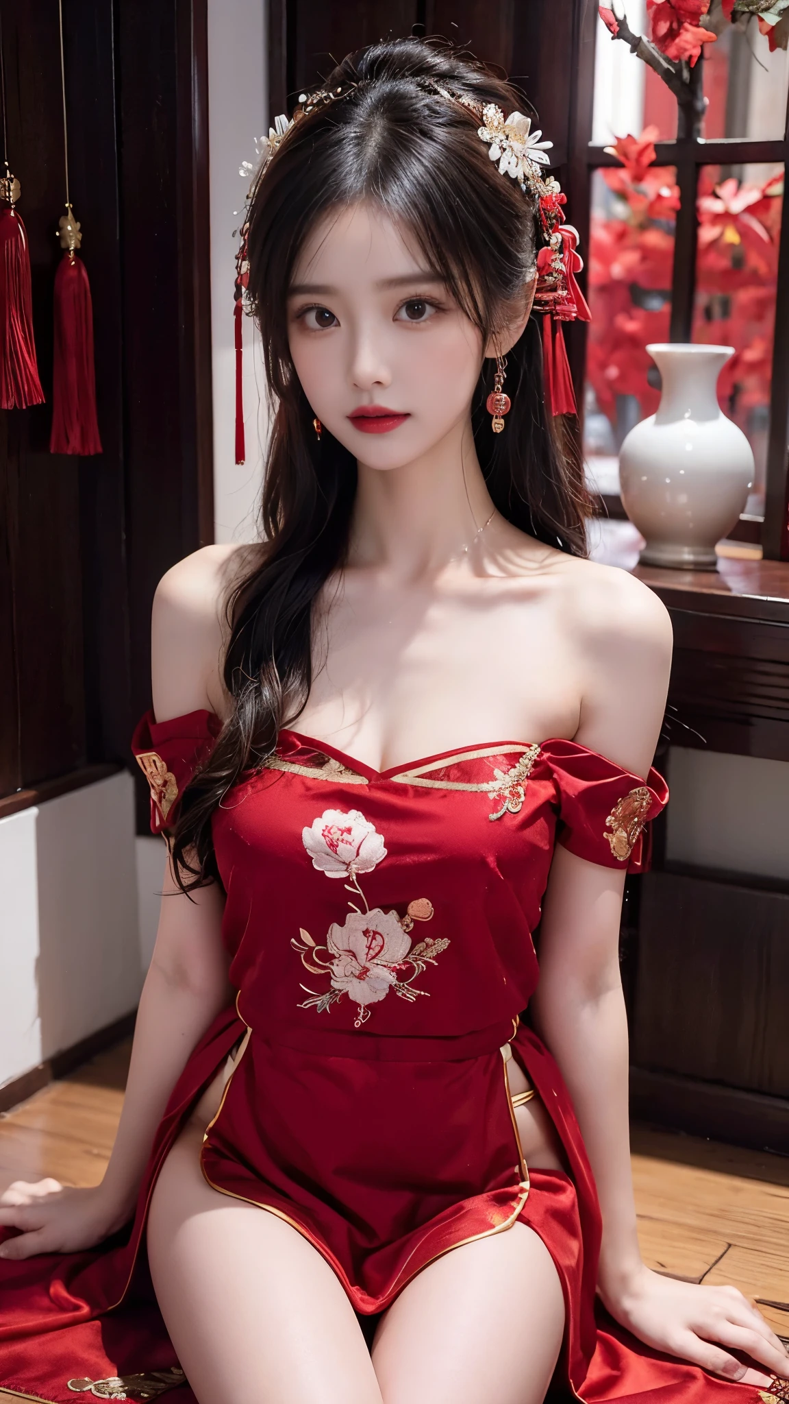 1girls,shrubs,Girl-Girl,china dress,chinese clothes,hair flower,(masterpiece:1.4),(bestquality:1.4),(oily shiny skin),Red lips,looking at the audience,Big breasts,cleft lip, upper body,