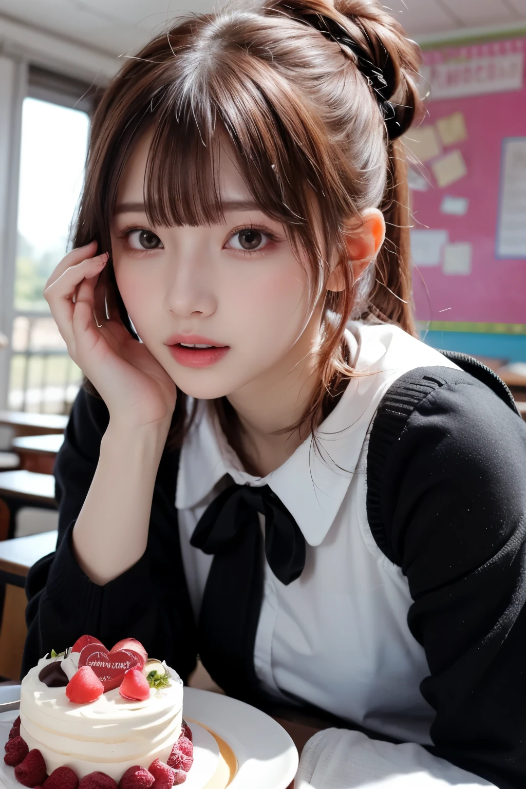 Valentine's Day, in a classroom, cute and vivid decorations on the walls, sunshine, school uniform, get to feed me a nice and big chocolate cake, wearing pink warm fluffy gothic ta fashion, mouth wide open, pampered expression, lovey-dovey, shiny light red and pastel rouge hair, pompadour hairstyle, twisted bangs, hair is shaggy and dishevelled, silver eyeblow, glamorous figure, exposed shoulder, leaning forward, beautiful white-colored translucent skin, vivid makeup, {photorealistic}, {4K resolution}, {cinematic}, {dramatic}