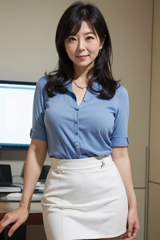 Organic Photography、highest quality、masterpiece、Ultra-high resolution、Beautiful Japanese old lady、50 years old、((alone))、((One Woman))、Observe the audience、Elegant face、Big Breasts、His chest is exposed through his business shirt.、Business shirts reveal、Tight Skirt、Earrings、In the office、A kind smile、A captivating gaze、Brown random hairstyles、In a quiet office、In an empty office、Alone、