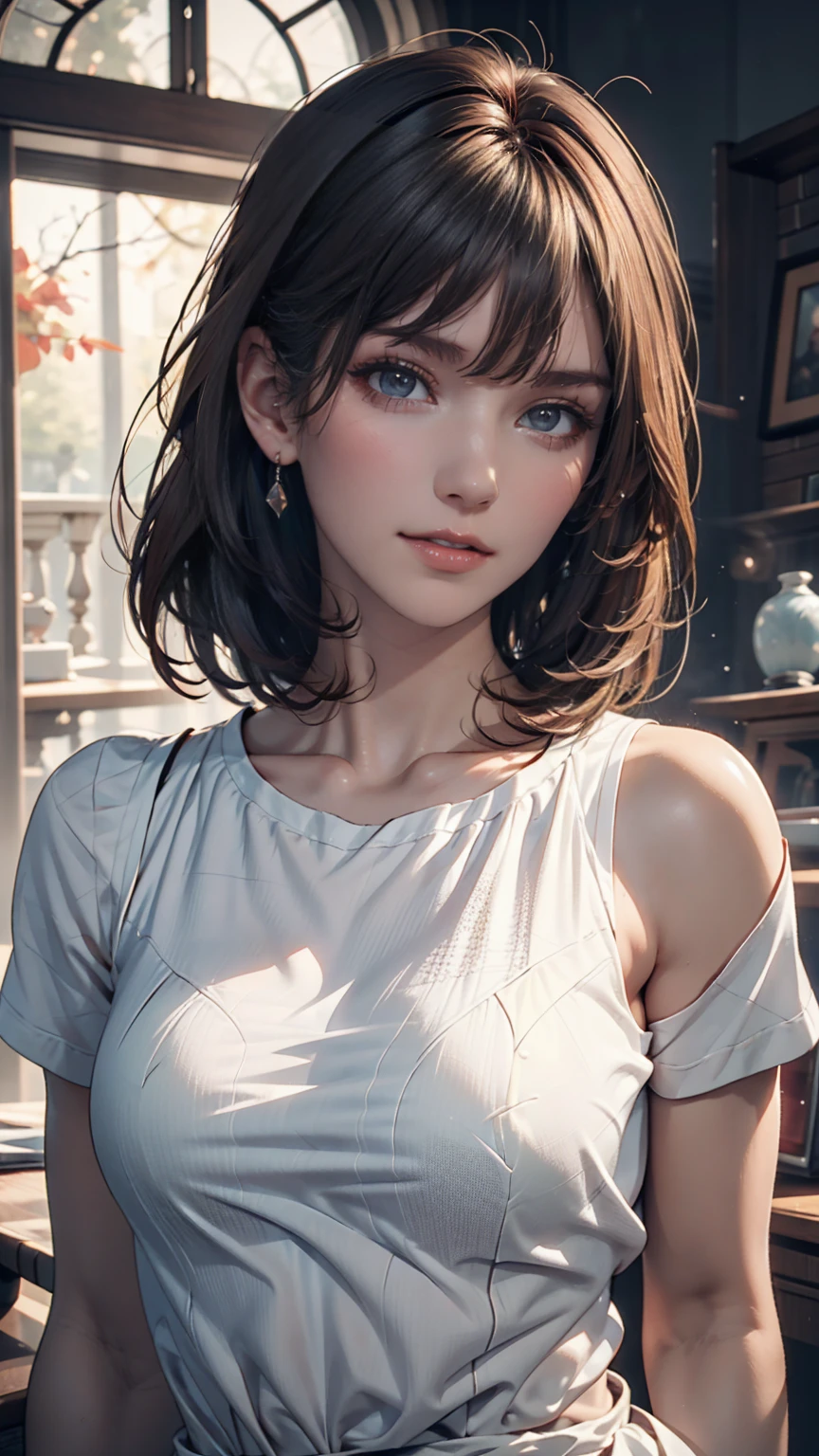 (Highest quality, 8k, 32K, masterpiece, Ultra-high resolution:1.2),Beautiful Japanese Women Photos, Large Breasts, Very short bob hair,Upper Body,(Extra Large_sweater,:1.1) necklace, Simple Background, Look around、Sexy proportions、Erotic female body
