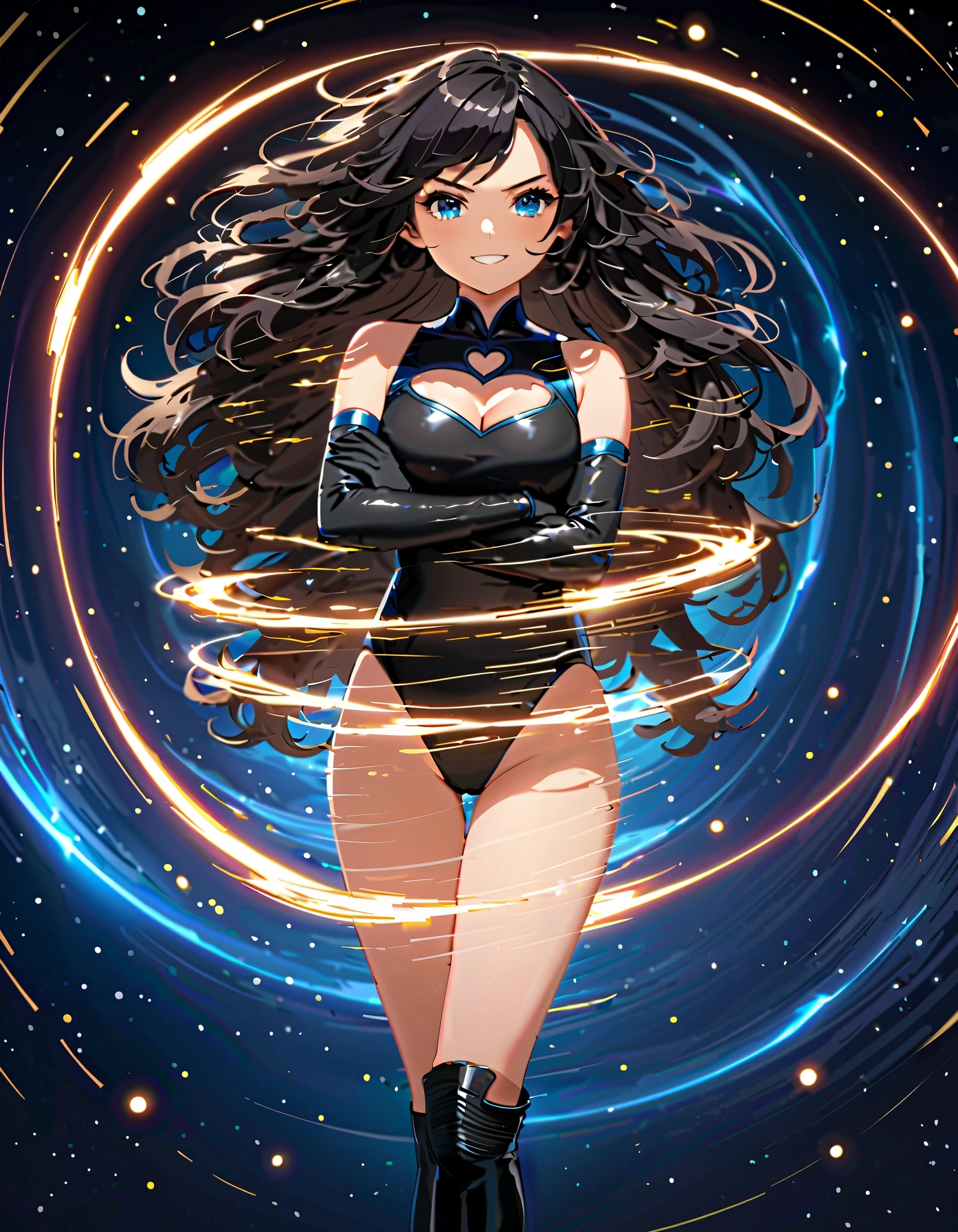 anime girl in a red and black suit standing in space with legs together, extremely detailed artgerm, style artgerm, style ivan talavera and artgerm, krenz cushart and artgerm, range murata and artgerm, artgerm style, in the style artgerm, ig model | artgerm, artgerm detailed, black hair, long hair, medium hair, blue eyes, (leotard), bare legs, matching boots and gloves, superhero, bracelets, solo, solo focus, (silver (v) (symbol) on chest, energy pulse, yellow aura in her body, power surge, angry, open mouth, diffraction spikes, light particles.