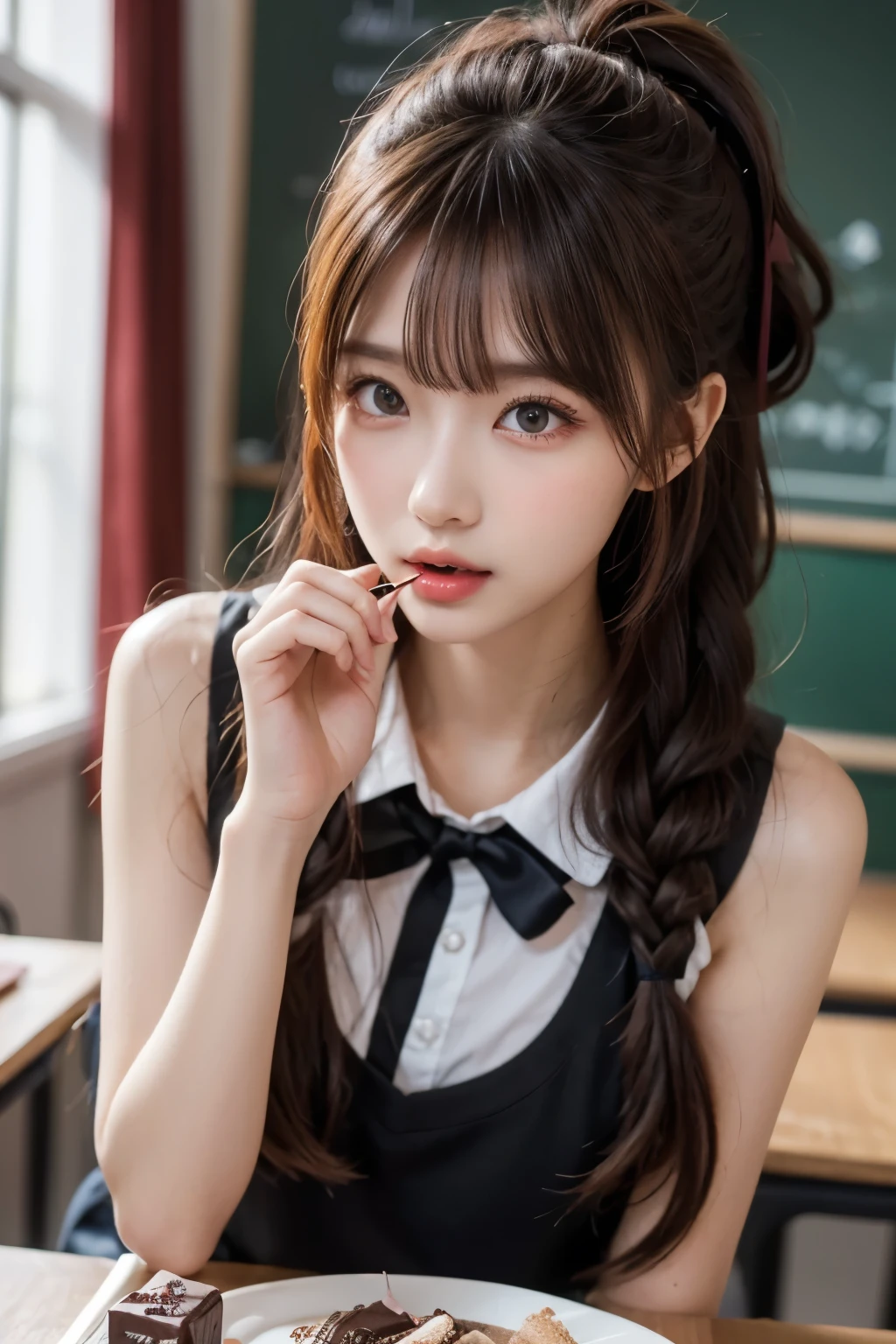 Valentine's Day, in a classroom, cute and vivid decorations on the walls, sunshine, school uniform, get to feed me a nice and big chocolate cake, wearing pink warm fluffy fashion, mouth wide open, pampered expression, lovey-dovey, shiny light red and pastel rouge hair, pompadour hairstyle, twisted bangs, hair is shaggy and dishevelled, silver eyeblow, glamorous figure, exposed shoulder, leaning forward, beautiful white-colored translucent skin, vivid makeup, {photorealistic}, {4K resolution}, {cinematic}, {dramatic}