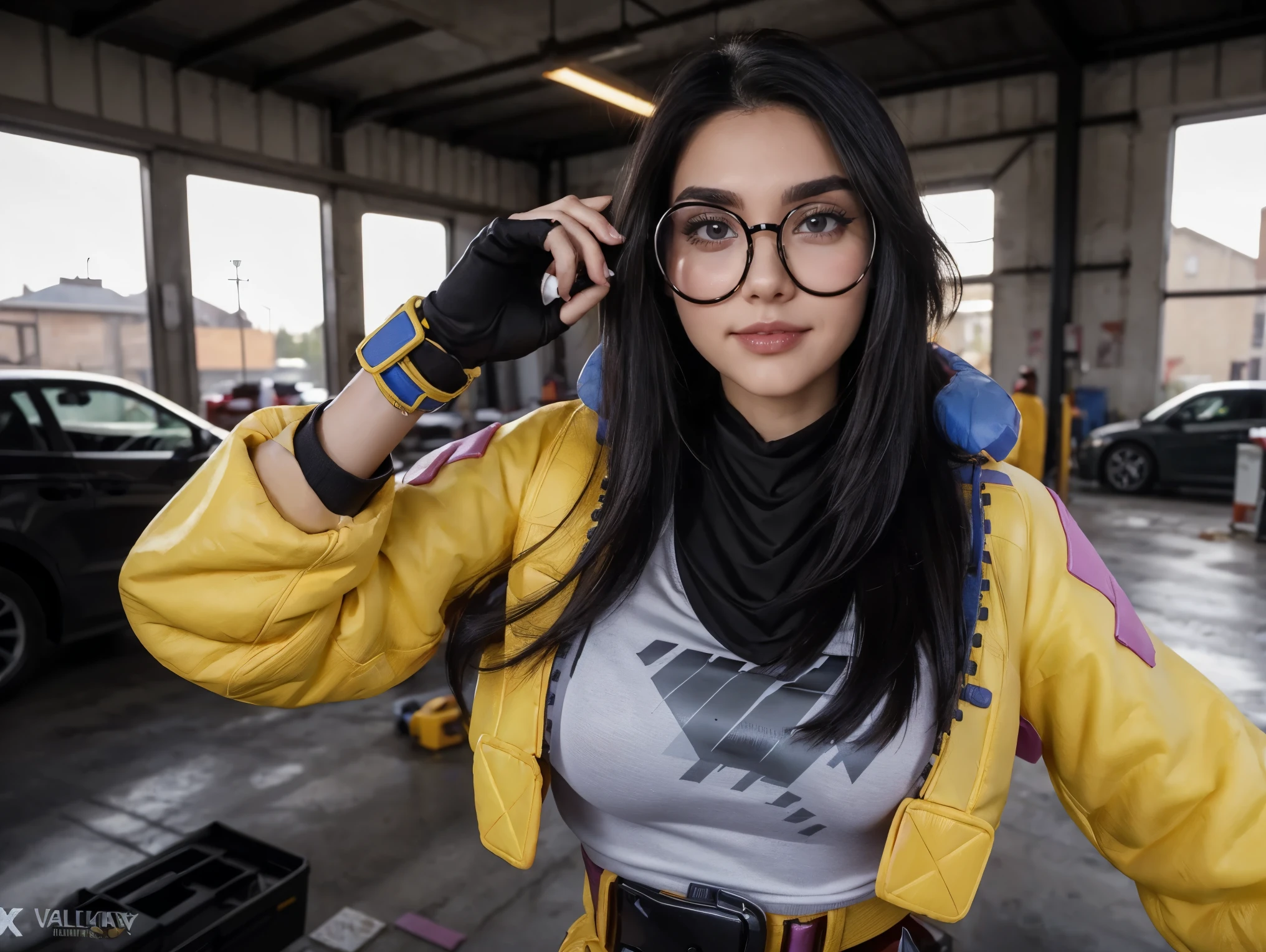 (masterpiece), best quality, expressive eyes, 8K, HD, perfect face, german girl, thick eyebrows, smoked eyes, thick lips, long haired, warm smiley, black hair, jacket, brown eyes, (high quality eyes), long streak hair, indoors, collarbone, technician, cold temperatures, valorant, garage, torned leggings, after sex, tech case, ((dating date)), voluptuous, ((((happily))), garage, slim body, pov, circle glasses, x yellow jacket, valorant killjoy gloves, round glasses, no shirt, belt, killjoy, shows breast nipple, high Libido, horny libido,