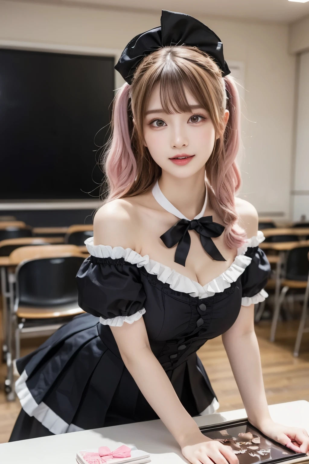 Valentine's Day, in a classroom, cute and vivid decorations on the walls, sunshine, school uniform, get to feed a nice and big chocolate tablet, wearing pink warm fluffy gothic ta fashion, mouth wide open, pampered expression, winking, lovey-dovey, pastel pink and white hair, pompadour hairstyle, twisted bangs, hair is shaggy and dishevelled, glamorous figure, exposed shoulder, leaning forward, beautiful white-colored translucent skin, vivid makeup, {photorealistic}, {4K resolution}, {cinematic}, {dramatic}