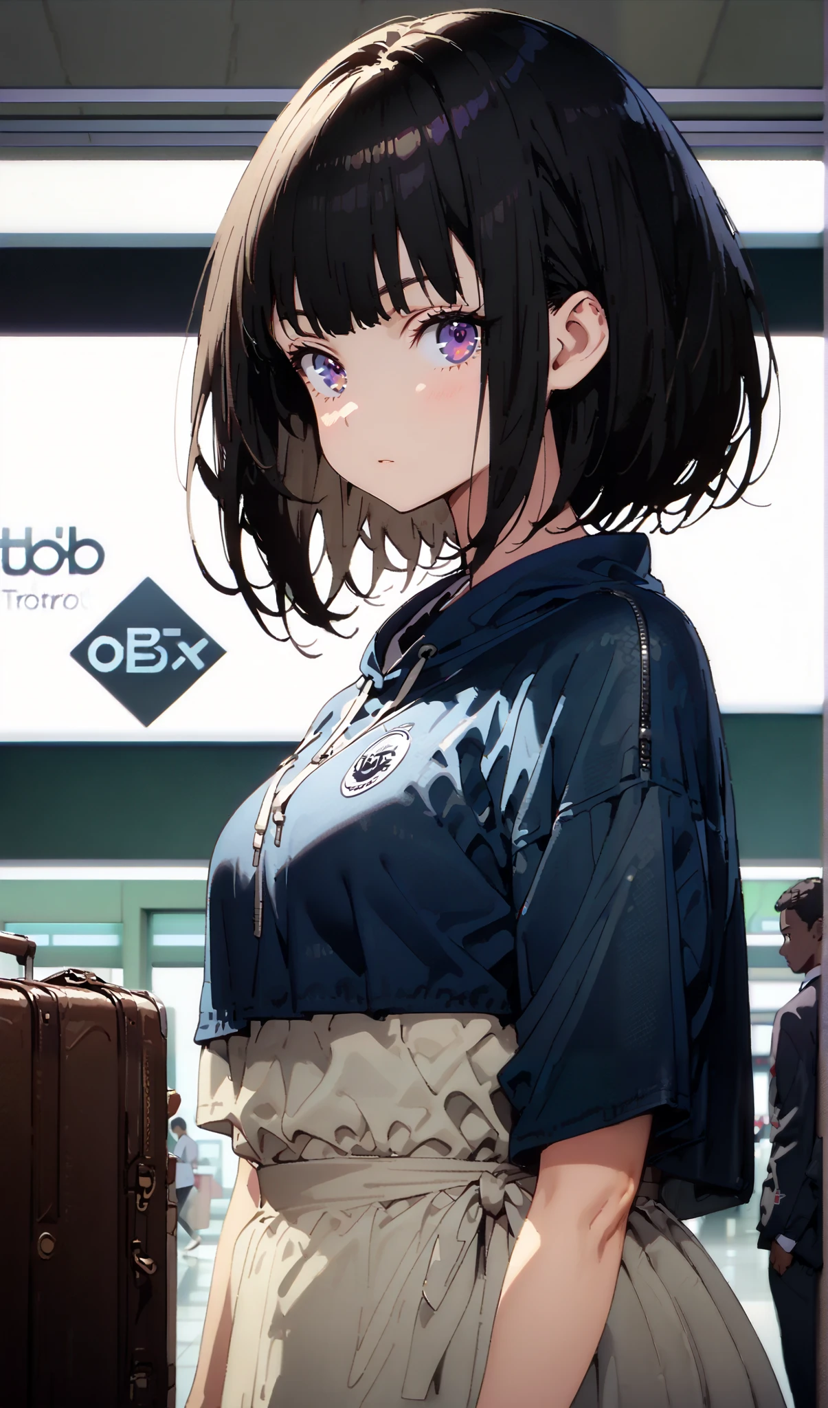 Takiuchikami, check it out, long short hair , bob cut, bangs, black hair, purple eyes,Medium breast,Blue oversized hoodie , white long skirt, Bbo~, suitcases, standing,whole bodyがイラストに入る入るように,
break indoors,airport,lobby,
break looking at viewer,whole body,
break ( Masterpiece:1.2), top quality , kampala, Unity 8k Wallpaper,(shape:0.8),( fine, beautiful eyes :1.6),It's a person ,whole body写真,CG Details , ( perfect hands, Complete Anatomy),