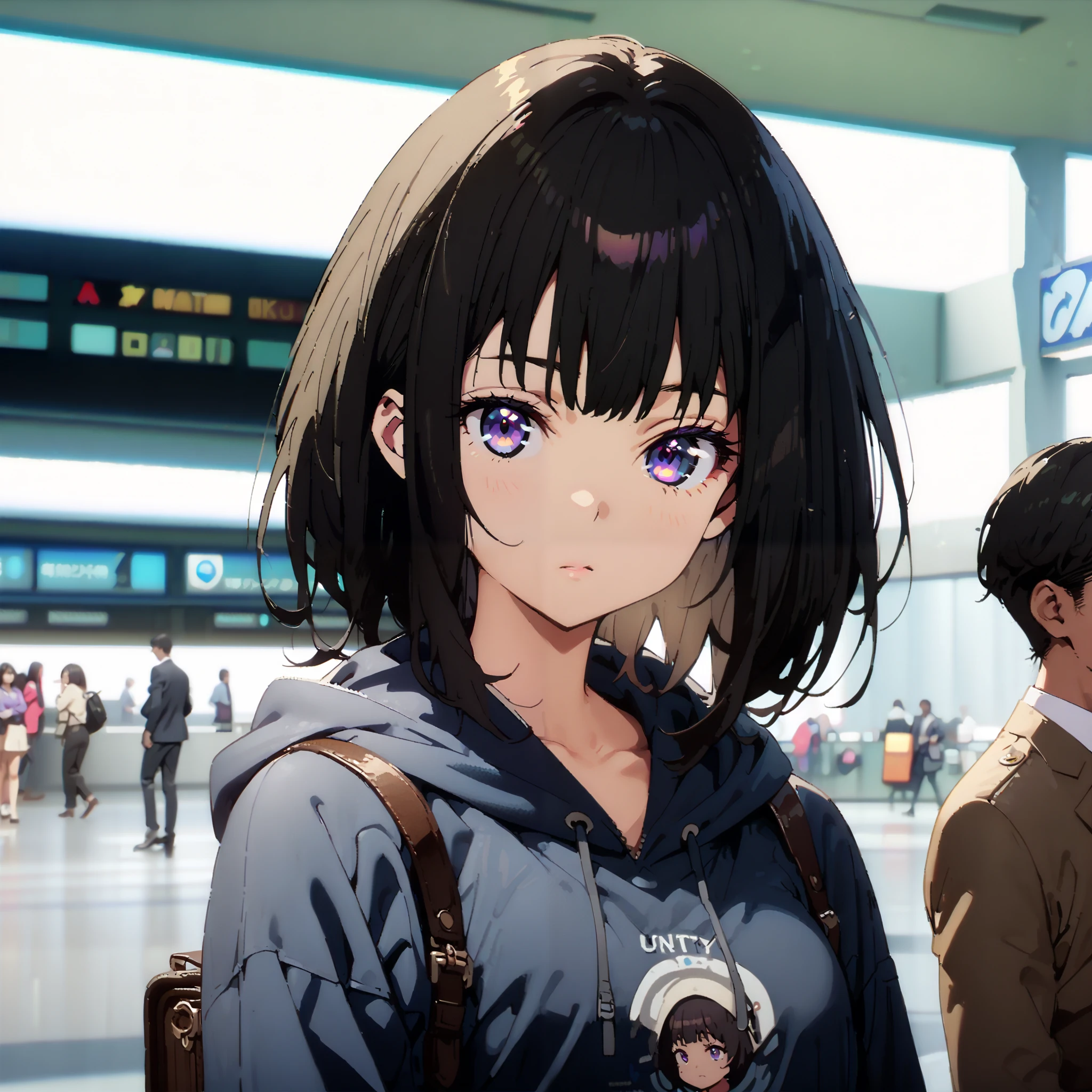 Takiuchikami, check it out, long short hair , bob cut, bangs, black hair, purple eyes,Medium breast,Blue oversized hoodie , white long skirt, Bbo~, suitcases, standing,whole bodyがイラストに入る入るように,
break indoors,airport,lobby,
break looking at viewer,whole body,
break ( Masterpiece:1.2), top quality , kampala, Unity 8k Wallpaper,(shape:0.8),( fine, beautiful eyes :1.6),It's a person ,whole body写真,CG Details , ( perfect hands, Complete Anatomy),