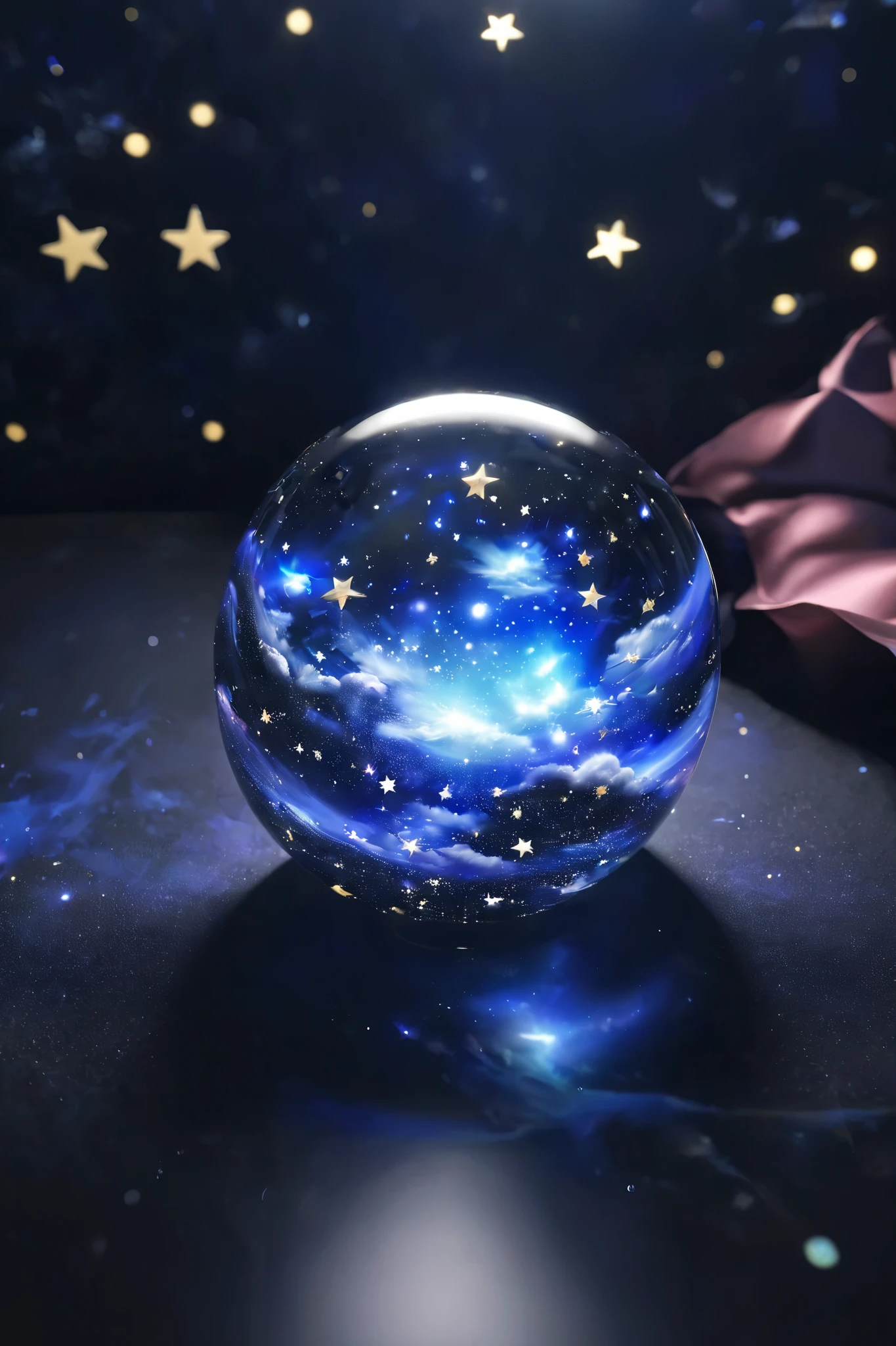  glass sphere、There are a lot of stars inside、 beautiful clouds、 Fantastic、 high image quality、 midnight、Near future