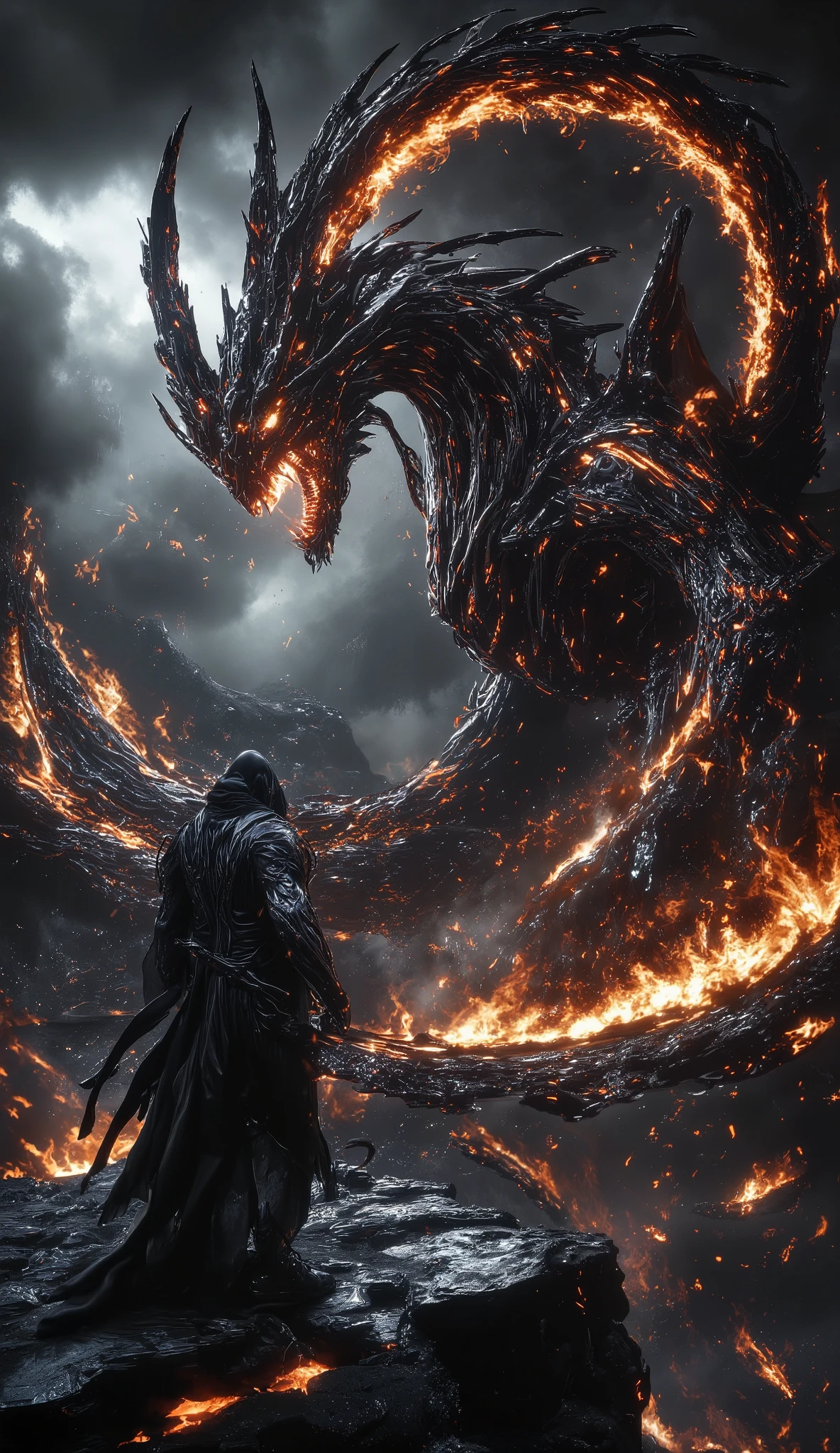 A dark fantasy scene of an epic confrontation: a lone warrior with a tattered black cape and a greatsword stands on the edge of a crumbling cliff, facing a colossal fire demon. The demon has a monstrous, dragon-like form with molten lava skin, blackened horns with glowing red edges, and fiery embers swirling around its massive body. Its eyes burn with pure rage, and dark smoke rises from its form, blending into the stormy sky. The warrior’s stance is fearless, with armor reflecting the demon’s flames. The background features a dramatic split sky, with golden fire on one side and cold blue-gray storm clouds on the other. The ground is scorched where the demon’s flames touch, creating an intense, high-contrast atmosphere. Hyper-detailed, cinematic lighting, ultra-realistic textures, and a powerful sense of scale.