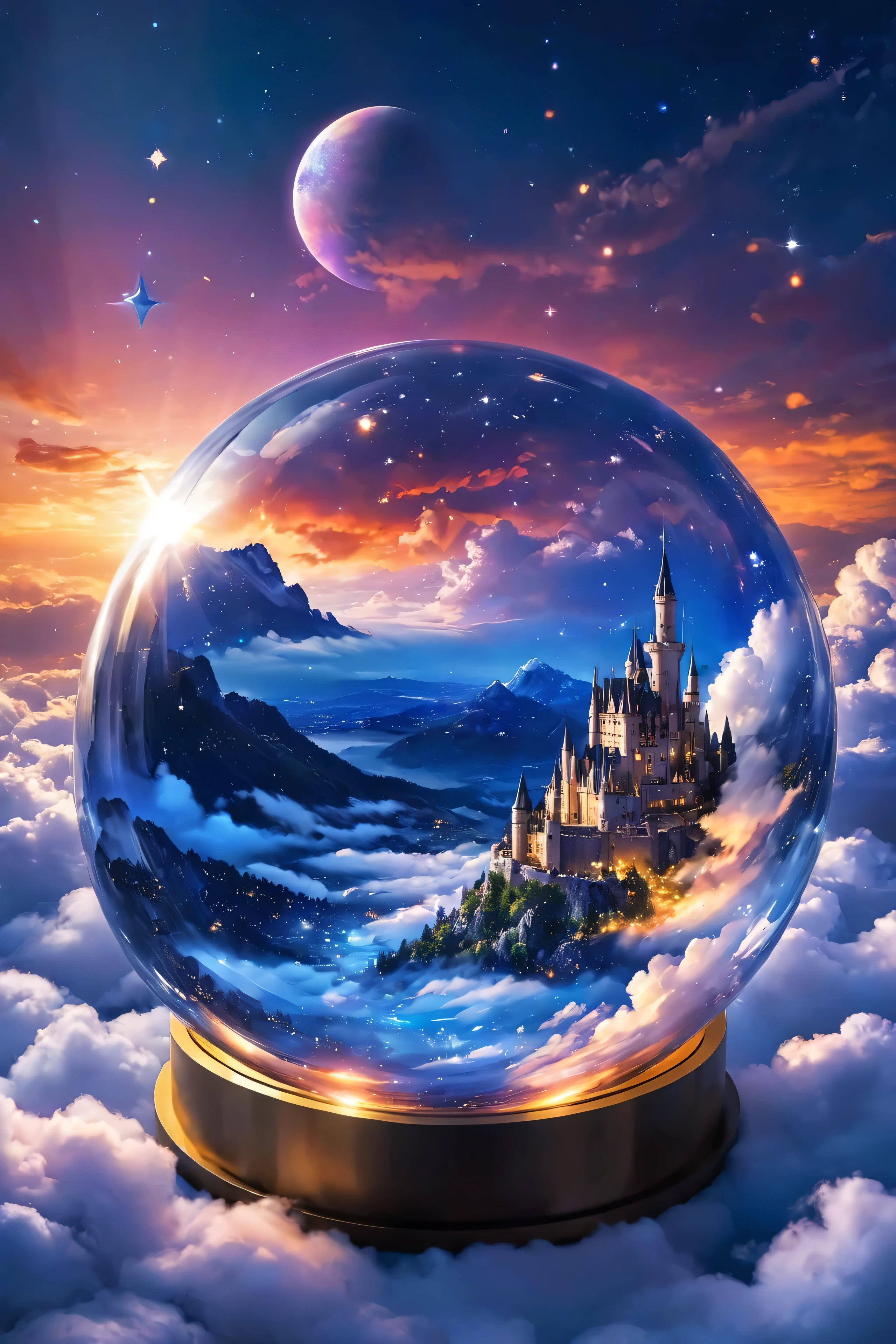 glass sphere、Inside is a dot 々Shining stars 、 beautiful clouds、 Fantastic、 high image quality、 midnight、Castle in the clouds