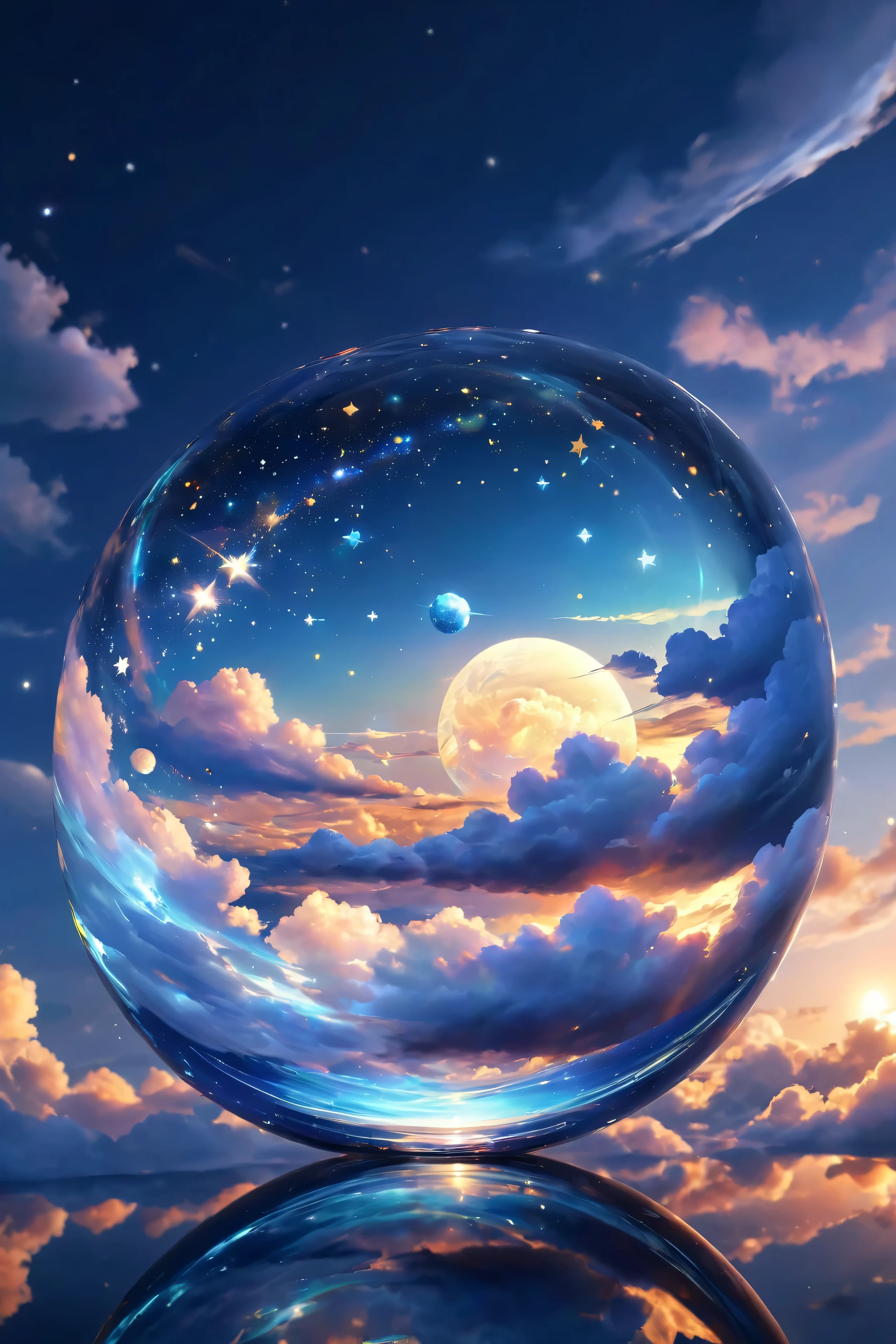 glass sphere、Inside is a dot 々Shining stars 、 beautiful clouds、 Fantastic、 high image quality、night