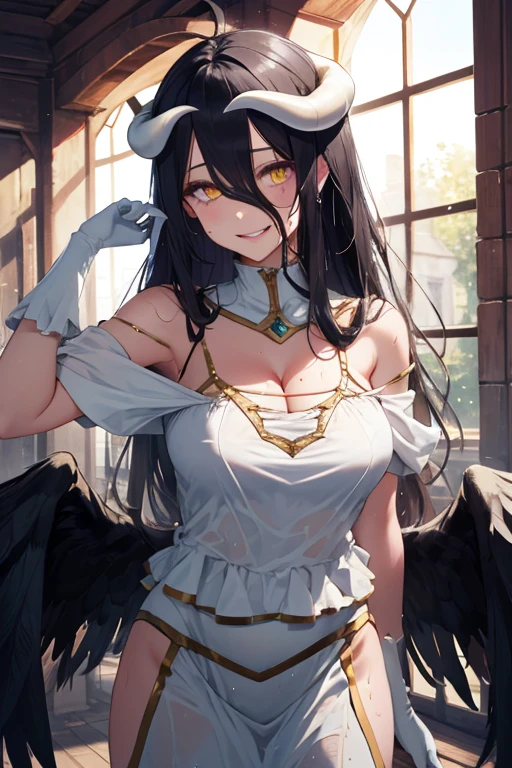 masterpiece, best quality, highres, al1, demon horns, slit pupils, white gloves, white dress, bare shoulders, detached collar, cleavage, black wings, feathered wings, low wings, cowboy shot, standing, smile, dungeon, evil smile,