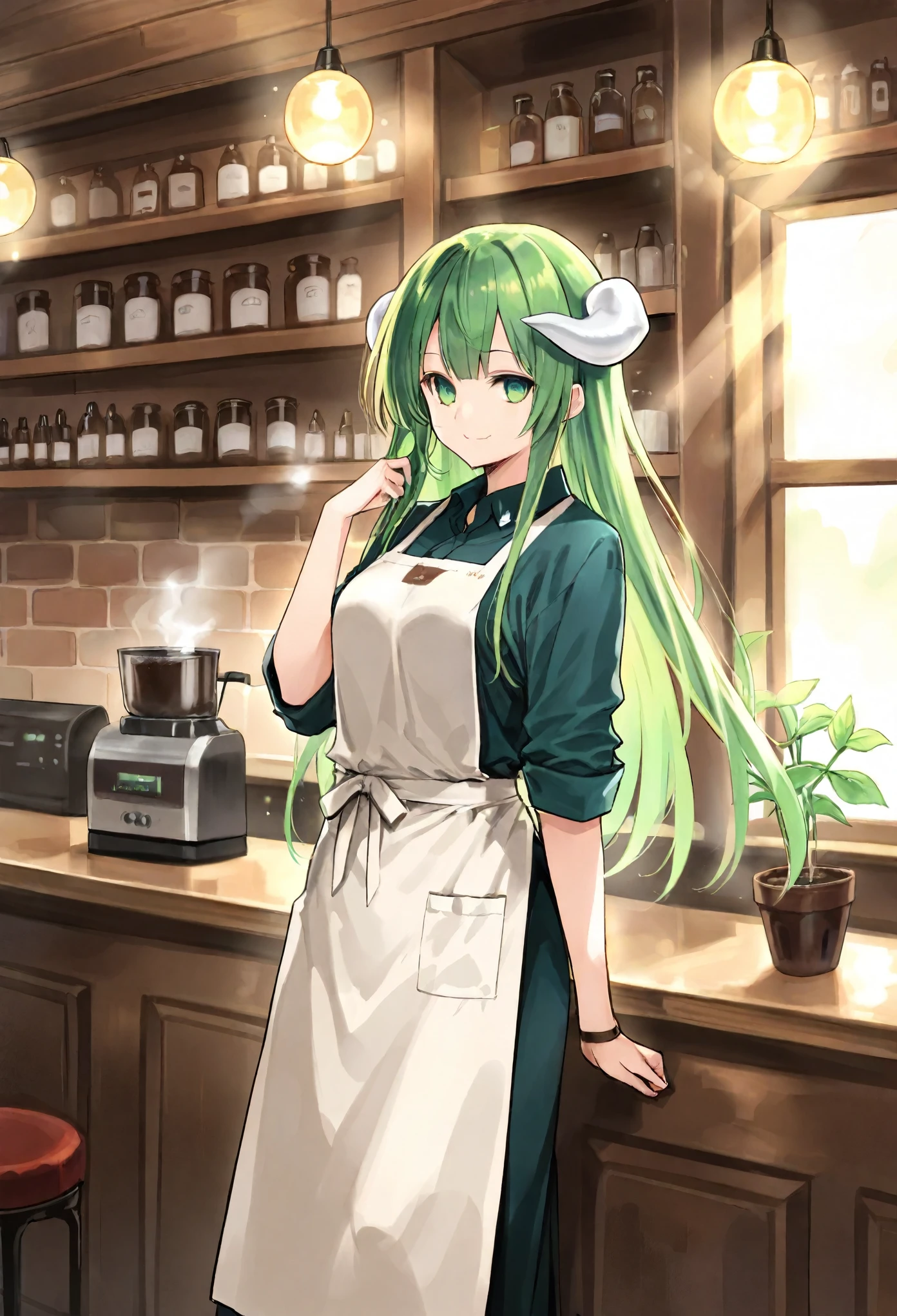 masterpiece, best quality, high resolution, absurdres, incredibly detailed, flawless, score_9, score_8_up, score_7_up, score_6_up, score_5_up, score_4_up, source_furry, a majestic dragon barista with shimmering scales in vibrant hues of blue and green, standing behind a cozy café counter. The dragon is skillfully extracting a rainbow-colored coffee from a sleek espresso machine. It has elegant horns adorned with small glowing crystals and wears a tailored barista apron. The dragon’s expression is calm and focused, with steam swirling around its snout as it works.
set in a magical café with warm wooden interiors and enchanted decorations like floating lanterns and glowing plants. The café counter is adorned with intricate carvings of mythical creatures. A soft golden light filters through large arched windows, illuminating the scene. Dynamic composition with a slight focus on the dragon and the rainbow coffee being poured.
cinematic lighting with soft shadows; volumetric light rays streaming through the windows; magical glows from the crystals on the dragon’s horns and the rainbow coffee; gentle steam effects adding depth to the atmosphere.