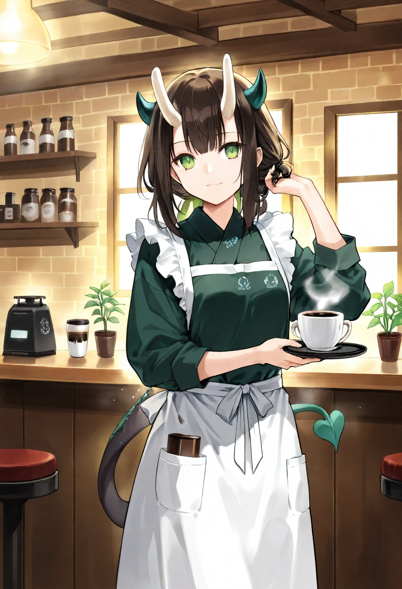 masterpiece, best quality, high resolution, absurdres, incredibly detailed, flawless, score_9, score_8_up, score_7_up, score_6_up, score_5_up, score_4_up, source_furry, a majestic dragon barista with shimmering scales in vibrant hues of blue and green, standing behind a cozy café counter. The dragon is skillfully extracting a rainbow-colored coffee from a sleek espresso machine. It has elegant horns adorned with small glowing crystals and wears a tailored barista apron. The dragon’s expression is calm and focused, with steam swirling around its snout as it works.
set in a magical café with warm wooden interiors and enchanted decorations like floating lanterns and glowing plants. The café counter is adorned with intricate carvings of mythical creatures. A soft golden light filters through large arched windows, illuminating the scene. Dynamic composition with a slight focus on the dragon and the rainbow coffee being poured.
cinematic lighting with soft shadows; volumetric light rays streaming through the windows; magical glows from the crystals on the dragon’s horns and the rainbow coffee; gentle steam effects adding depth to the atmosphere.