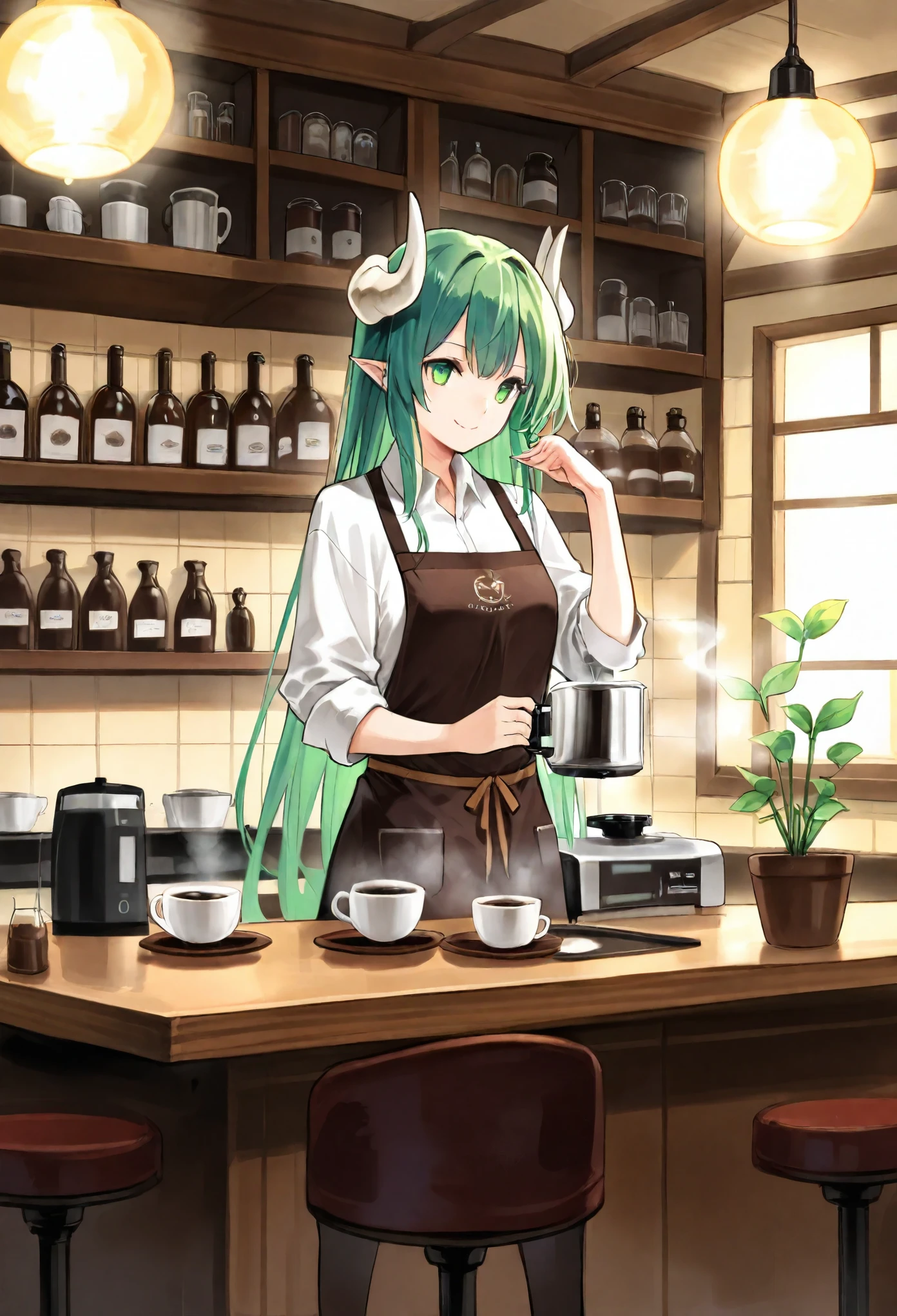 masterpiece, best quality, high resolution, absurdres, incredibly detailed, flawless, score_9, score_8_up, score_7_up, score_6_up, score_5_up, score_4_up, source_furry, a majestic dragon barista with shimmering scales in vibrant hues of blue and green, standing behind a cozy café counter. The dragon is skillfully extracting a rainbow-colored coffee from a sleek espresso machine. It has elegant horns adorned with small glowing crystals and wears a tailored barista apron. The dragon’s expression is calm and focused, with steam swirling around its snout as it works.
set in a magical café with warm wooden interiors and enchanted decorations like floating lanterns and glowing plants. The café counter is adorned with intricate carvings of mythical creatures. A soft golden light filters through large arched windows, illuminating the scene. Dynamic composition with a slight focus on the dragon and the rainbow coffee being poured.
cinematic lighting with soft shadows; volumetric light rays streaming through the windows; magical glows from the crystals on the dragon’s horns and the rainbow coffee; gentle steam effects adding depth to the atmosphere.