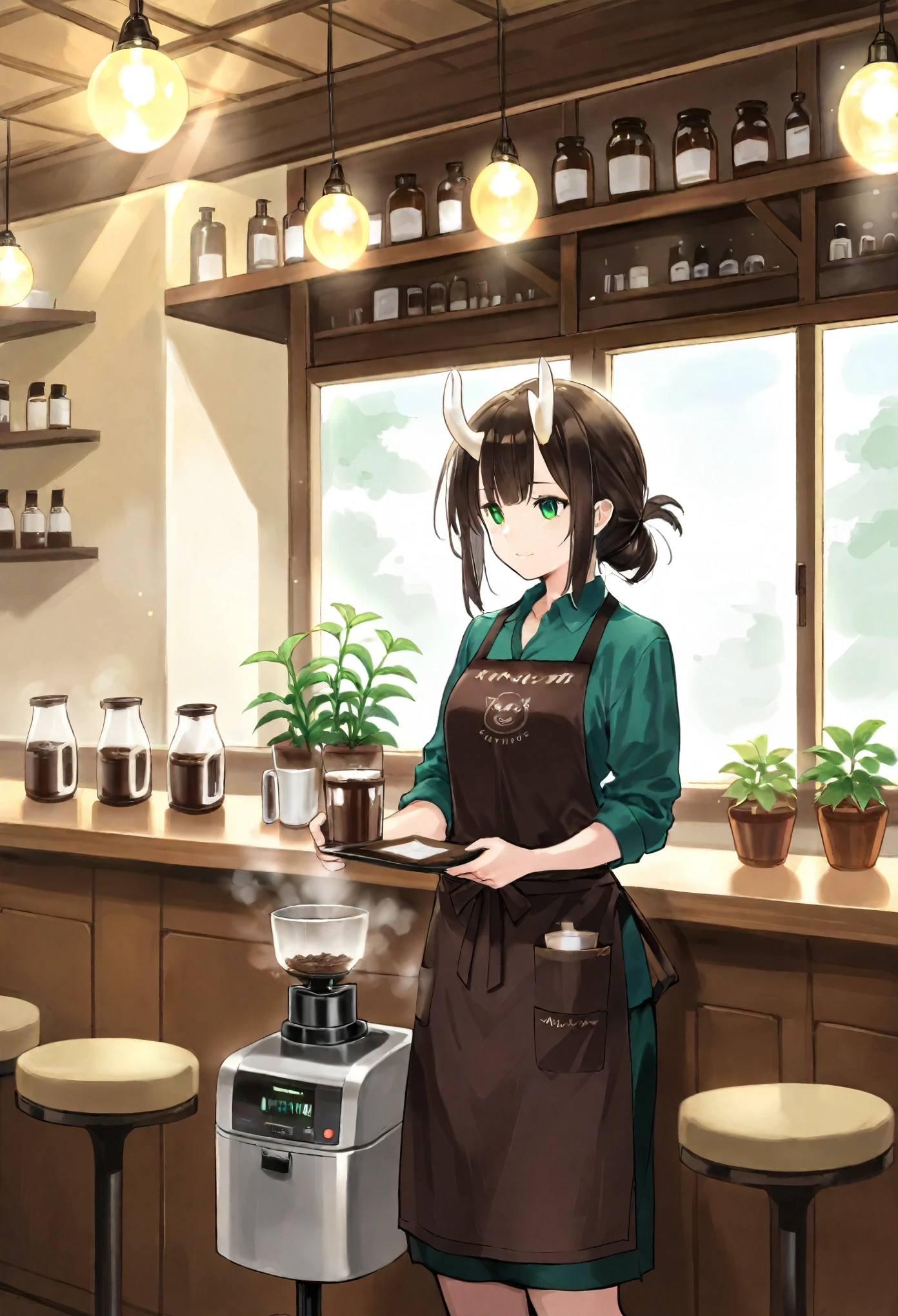 masterpiece, best quality, high resolution, absurdres, incredibly detailed, flawless, score_9, score_8_up, score_7_up, score_6_up, score_5_up, score_4_up, source_furry, a majestic dragon barista with shimmering scales in vibrant hues of blue and green, standing behind a cozy café counter. The dragon is skillfully extracting a rainbow-colored coffee from a sleek espresso machine. It has elegant horns adorned with small glowing crystals and wears a tailored barista apron. The dragon’s expression is calm and focused, with steam swirling around its snout as it works.
set in a magical café with warm wooden interiors and enchanted decorations like floating lanterns and glowing plants. The café counter is adorned with intricate carvings of mythical creatures. A soft golden light filters through large arched windows, illuminating the scene. Dynamic composition with a slight focus on the dragon and the rainbow coffee being poured.
cinematic lighting with soft shadows; volumetric light rays streaming through the windows; magical glows from the crystals on the dragon’s horns and the rainbow coffee; gentle steam effects adding depth to the atmosphere.