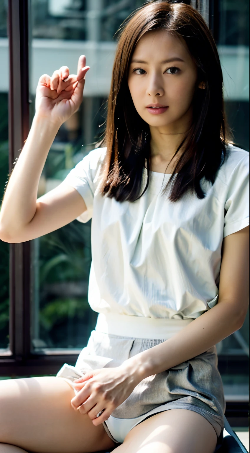 Araffe woman sitting on a window sill with a white shirt - SeaArt AI