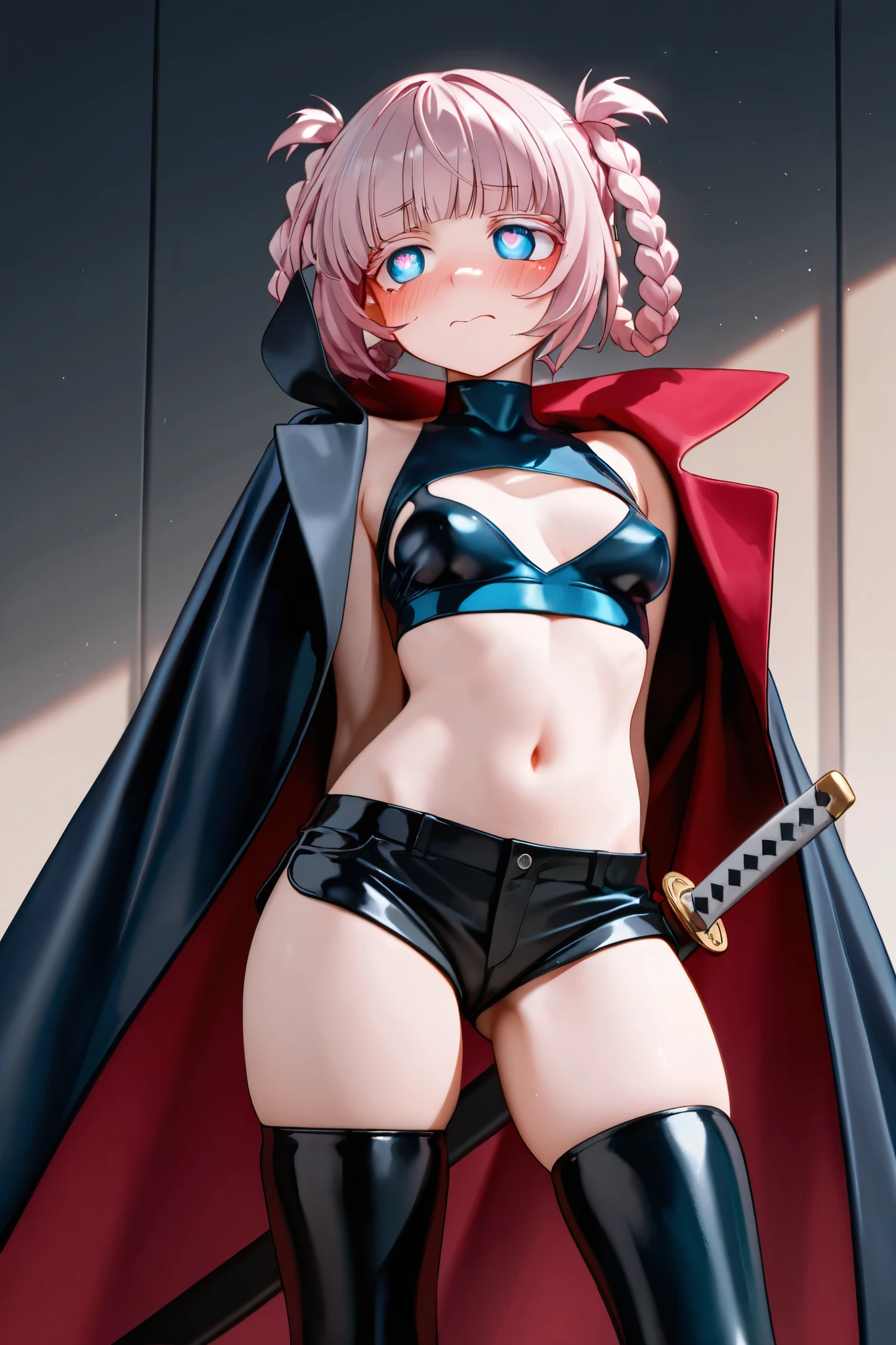 girl,arms under breasts,black cape,black dress,blue eyes,blurry,breasts,cape,closed mouth,colored inner hair,covered navel,cowboy shot,depth of field,dress,earrings,gloves,indoors,jewelry,light blush,looking at viewer,medium breasts,military uniform,multicolored hair,pink hair,purple cape,short hair,skin tight,smile,solo,two-tone cape,uniform,white gloves,silver hair