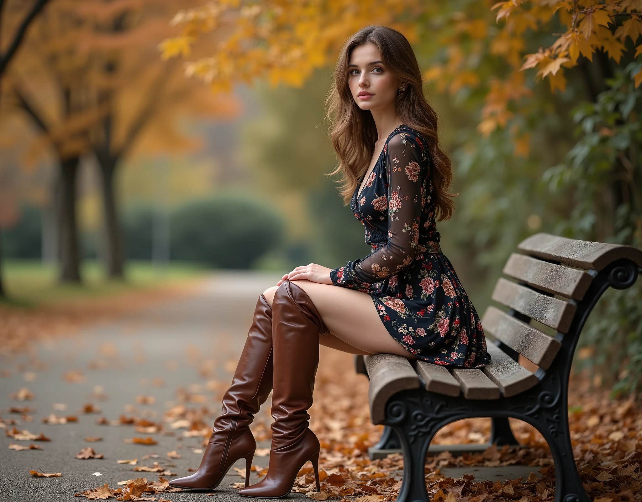 Araffe sitting on a bench in a park with leaves on the ground - SeaArt AI
