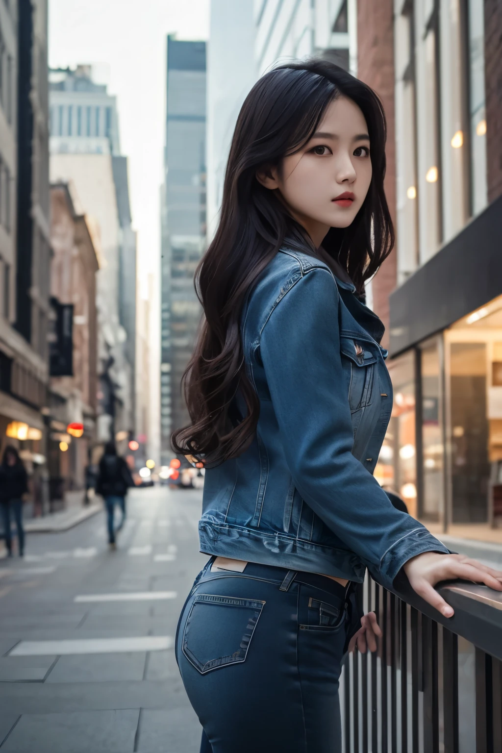 8k,RAW photo,best quality,masterpiece,realistic,1girl,solo,ass,sexy jeans,black hair,long hair,denim shorts,from behind,thighs,shirt,wavy hair,denim shorts,ass focus,