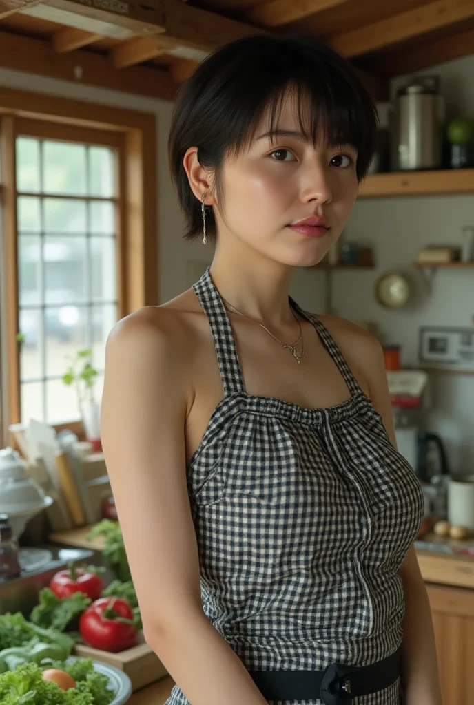 (32K:1.9, top quality, Masterpiece, ultra high resolution, professional random angle camera work :1.5, Detailed Skin and Face Textures :1.4), Always accurate, very well detailed , ((2 Japanese Wife, Big breasts on the verge of collapse, cooking:1.6, The morning light illuminates the hut, gingham check apron next to your body, .:1.7, Surprisingly Thin Body :1.5, The areola is not visible)), Small face, white skin, elegant, sense of cleanliness, Vegetable cutting pose, ( Beautiful Eroticism を放つ大きな瞳:0.4, have smiling faces:1.0, I love you with all my heart:0.8, Please open your mouth slightly , Beautiful Eroticism :0.9), ( dark brown disheveled hair ), earrings, necklace, bracelet, ( romantic , Artistic , mystical ), Object of praise, original, dramatic, Innovative, charm, Heartful, glamorous, sense of openness , Special, exciting, Extreme, , sense of loss, sorrow, Expression of sorrow, (((The charm of youth, Feminine charm)))、( raise your arms:1.3)、 and I was excited to confirm that I did !、(bangs)、( thighs),( staring at the camera :1.6)、( the length is short),( shortcuts:1.2),( Clasp your hands above your head :1.3),Open your mouth slightly by combining the sideways body