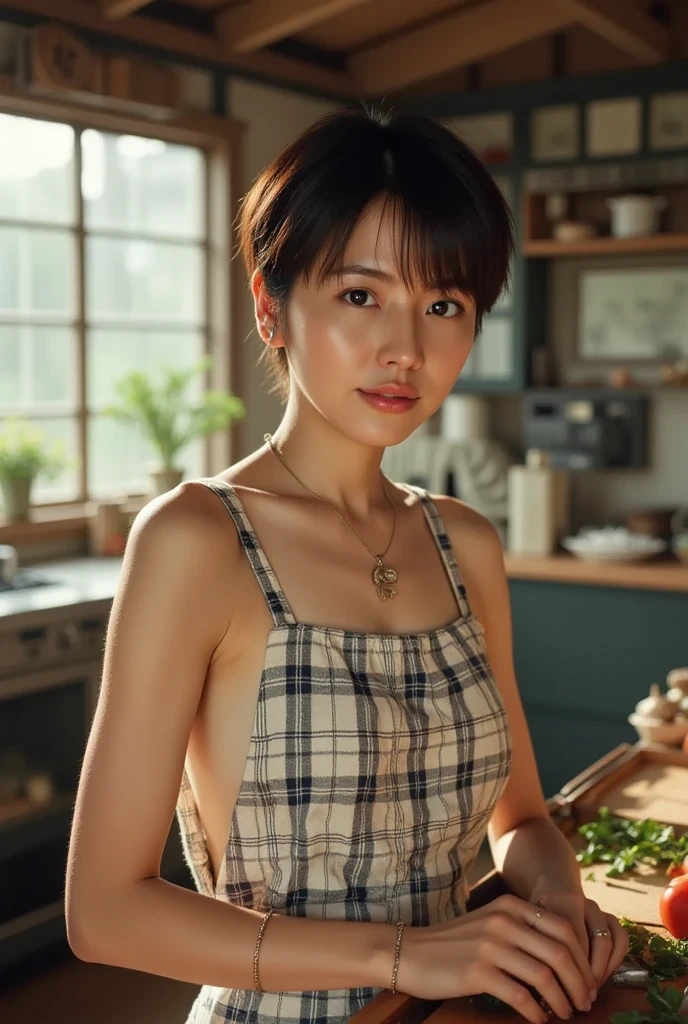 (32K:1.9,  top quality,  Masterpiece,  ultra high resolution,  professional random angle camera work :1.5,   Detailed Skin and Face Textures :1.4), Always accurate, very well detailed , ((2 Japanese Wife, Big breasts on the verge of collapse,  cooking:1.6, The morning light illuminates the hut,  gingham check apron next to your body,  .:1.7,  Surprisingly Thin Body :1.5, The areola is not visible)), Small face,  white skin,  elegant, sense of cleanliness, Vegetable cutting pose, ( Beautiful Eroticism を放つ大きな瞳:0.4,  have smiling faces:1.0, I love you with all my heart:0.8,  Please open your mouth slightly ,   Beautiful Eroticism  :0.9), ( dark brown disheveled hair ),  earrings,  necklace,  bracelet, ( romantic ,  Artistic ,  mystical ), Object of praise,  original, dramatic, Innovative, charm, Heartful,  glamorous,  sense of openness , Special,  exciting, Extreme, , sense of loss, sorrow, Expression of sorrow, (((The charm of youth, Feminine charm)))、( raise your arms:1.3)、 and I was excited to confirm that I did !、(bangs)、( thighs),( staring at the camera :1.6)、( the length is short),( shortcuts:1.2),( Clasp your hands above your head :1.3),Open your mouth slightly by combining the sideways body 