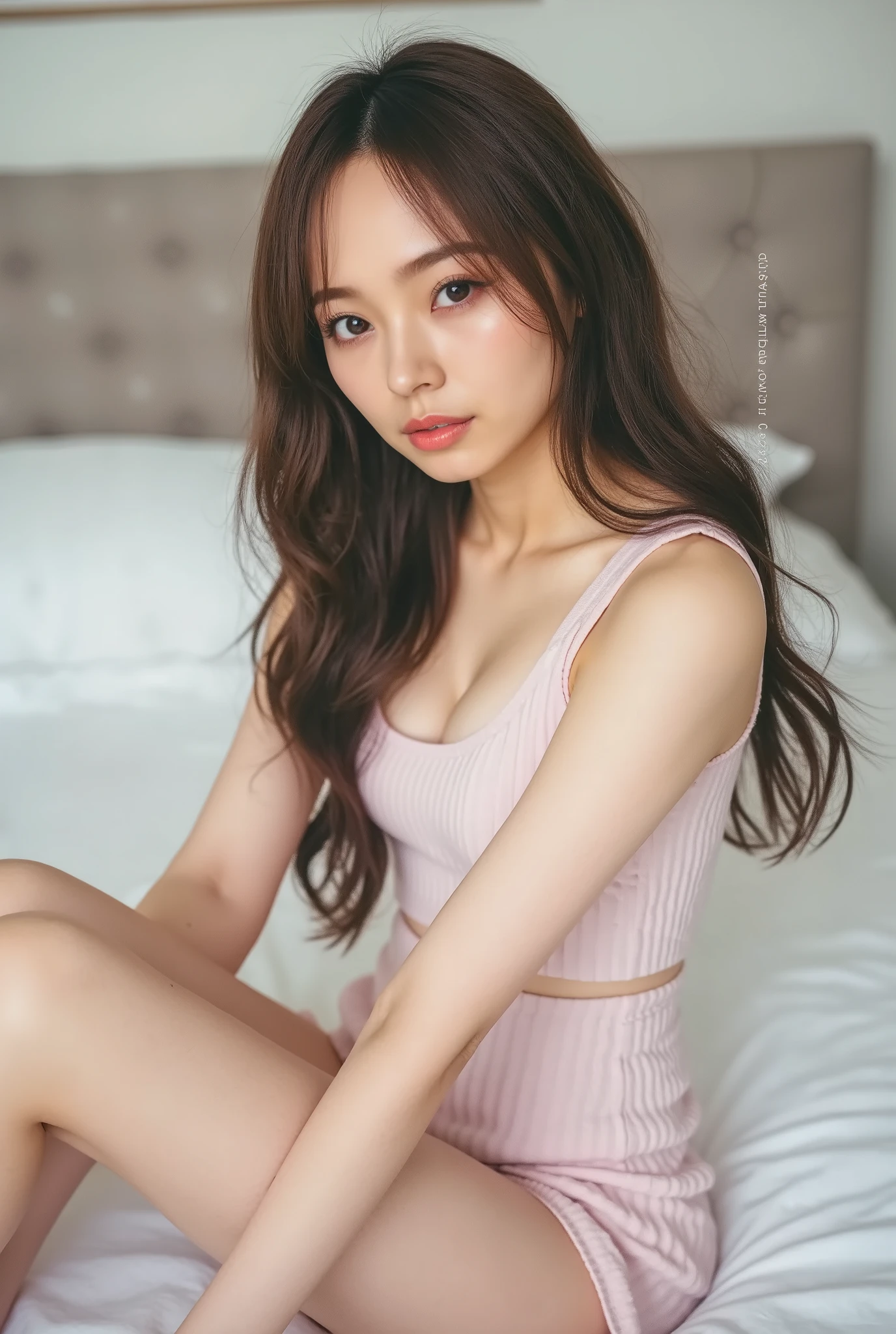Picture of a 22-year-old woman , looking down at camera, full body shot , ( top quality, 4K, Hi-Res, 超 Hi-Res:1.2), vibrant colors, sharp concentration, Physically Based Rendering, extreme detail description , professional with Canon 5D MK4, sexy curvy waist , long brown hair, extremely detailed face , Perfect Face , Extremely detailed eyes , incredibly young and very firm very large breasts , incredibly exaggerated big butt , wide hips, amazingly long, muscular legs take up two-thirds of the body , very detailed eyes and face, long eyelashes, confident and powerful expression , sexy background and color in bed , perfect and sexy legs , random sexy pose