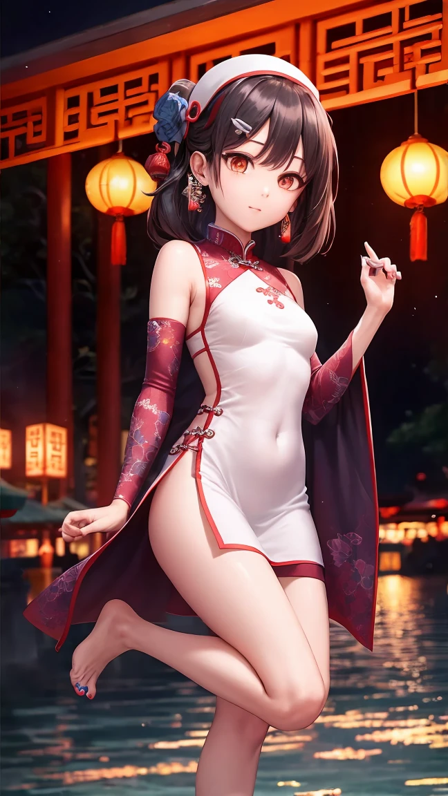 top quality, official art, Extremely Detailed CG Uniform 8k Wallpaper, (Wide-angle lens), 1 girl working part-time, (Meiyu Edelfeldt),, dark hair , Brown Eyes ,迷人的微lol, National Foundation , barefoot, Clear Dress, Butterfly, Butterfly headdress, Backless Dress, Chinese clothing ,Sleeveless, Twice as good , golden dragon pattern ,barefoot,Full Moon,OK, headdress,Jewelry,earrings,Beaded Anklet,Big thick legs,Nail polish, small , alone, 红色Nail polish, Toenails, Then, Double tail,Outdoor, Chinese Style architecture, Chinese Style, lake, Ancient Town , Xiushui, Red Lantern,fireworks,full,Sports elbow pads ,lol,微lol, Fleshy Thighs