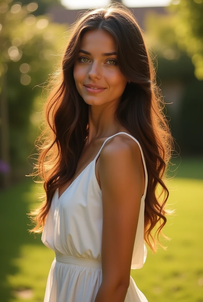 ultra detailed upper body Photo of model DOMINIKA C with brown Hair Style,, Beautiful, perfect seductive eyes, (Eye makeup:1.1), (highly detailed skin:1.1), smiling, (perfect small breasts:1.1), perfect slim body, photorealistic, soft lighting, Modelshoot style, Professional photography, ((wearing a white lace shirt and faded jeans)), Sunset, ((walking in urban city sidewalk with people watching background)), blurred background,  RAW, analog, 8k, Fujifilm XT3, film grain, masterpiece, best quality, realistic, award winning,
