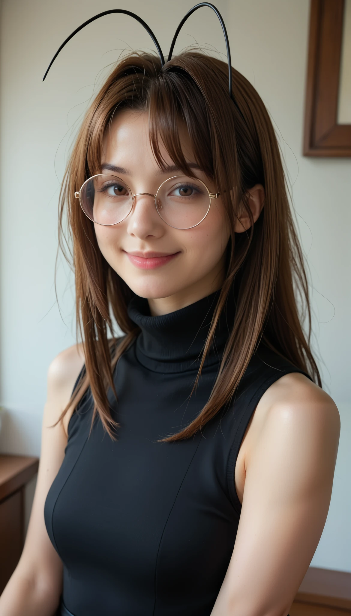 narunarusegawa, naru narusegawa, long hair, brown hair, antenna hair, realistic antenna hair, brown eyes, amazingly beautiful face, realistic japanese female face, light cosmetics, detailed face,
gothic girl outfit, black stockings, black skirt, sleeveless, black miniskirt, turtleneck, sleeveless turtleneck, round glasses
indoors,
looking at viewer, smiling, centered photo, UHD 16K RAW Photo, photorealistic, masterpiece, best quality
