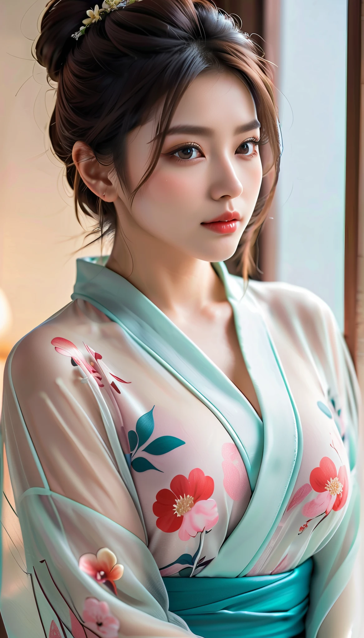 ( 8K Ultra HD , RAW photo , 模特photo拍摄, photo真实感, cinematic lighting, high resolution , photo , actual , top quality, top quality, masterpiece,) rest she has medium breasts, ((( perky ))), rest , Slim waist , skinny, , Round Face, Brown Eyes , rest (( happy ), (Half open eyes), (Slightly open lips), ) rest ( messy bun , Back of head hair , ) rest ((( The face up shot is great , looks at the audience, From above, ))), ((( A woman puts her hands on , stretch , she is wearing an oversized transparent kimono , Fundos, Split your breasts , bend over , kneel in bed , scooping one with her hands near her chin, Waiting for tongue , Organize the bed))),