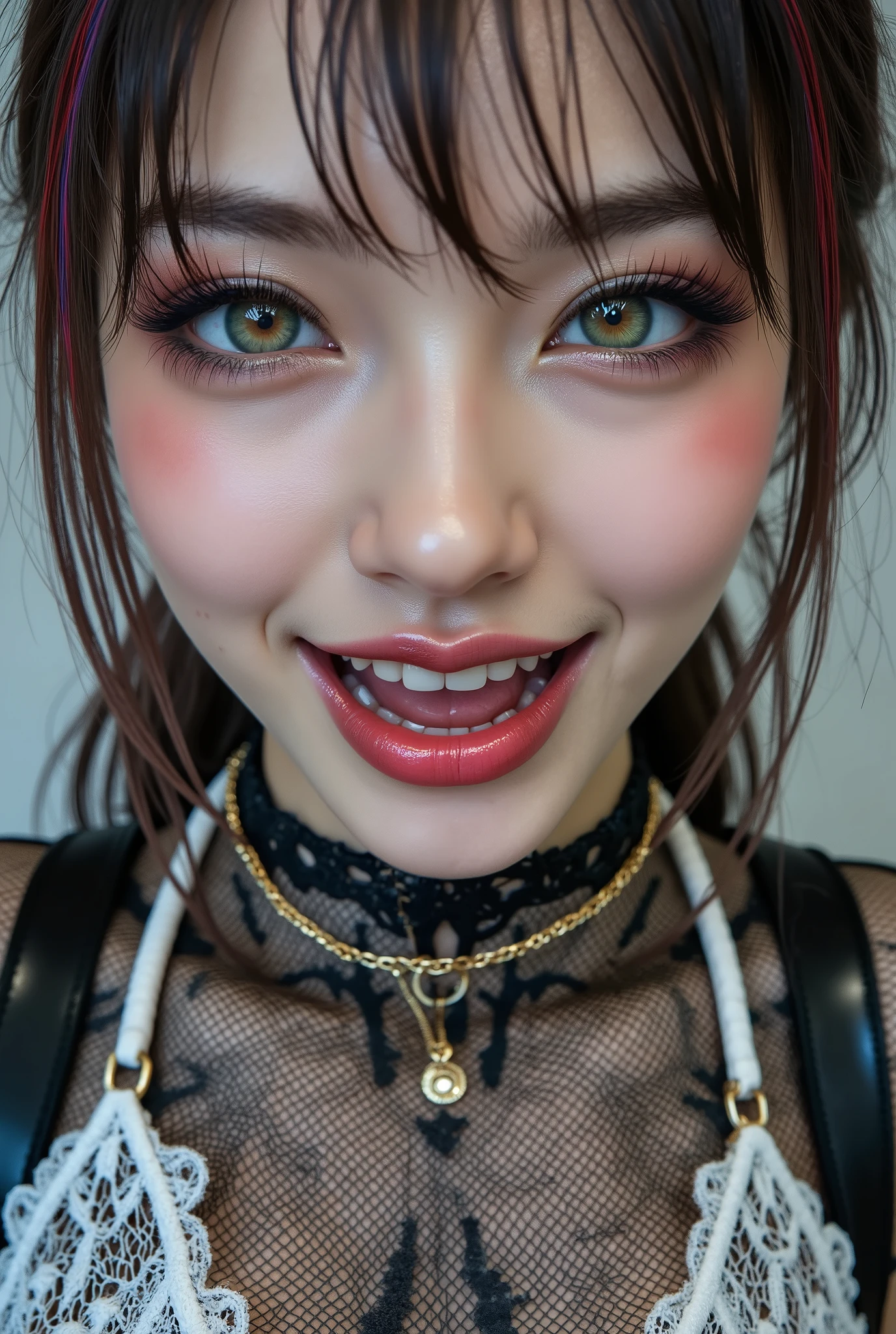 Realistic ((Photorealistic realism)),((high resolution)),((ultra insanel quality, professional extremely detailed digital art)), ((focus on extremely Realistic Proportion Body:1.3)), ((portrait)),((a cute and very beautiful, 1 Japanese, 30yo, famous Kpop idol:1.35)), (ultra realistic texture details: velvety skin, hair),(extremely beautiful face), (intricate detail face), ((Hyper details realistic green_eyes:1.35)), ((finely details pupils:1.3)), ((detailed symmetrical lips:1.3)), (red_lipstick:1.3), ((long eyelashes:1.4)), (perfect dark_eyeshadows:1.4), (Detailed nose), (perfect composition),((focus on the face, open mouth, joyful expression)),perfect female body,(((Beautiful long legs in good style:1.3))),((no bra, no panties:1.3)), (medium butt),((perfect female hips)),(perfect hot model body:1.4),((slim belly: 1.2)),(muscular body),((red and blue stylish hair:1.35), extremely detailed:1.33), dressed in a lace white fishnets outfit (made of latex:1.3), (dressed in tank top (latex with gold chains:1.3)),long pants (tight black lacy latex:1.35)., Depth of field, cinematic light, Lens flare, dslr, best high quality soft lighting, sharp focus captured by Fujifilm XT3, f 5.6,(((full body shot:1.5)))