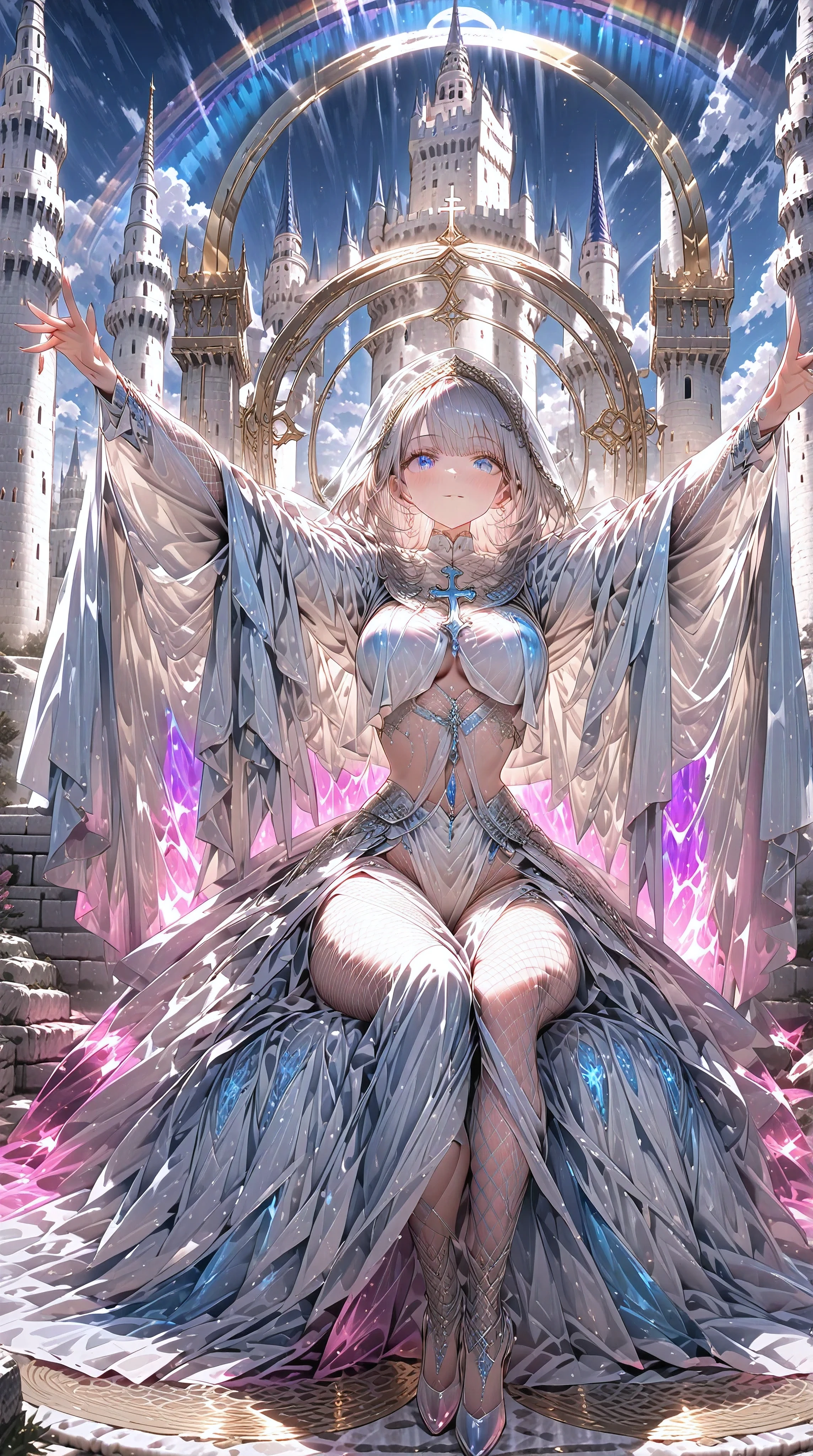 (( Masterpiece, high image quality ,8k)),(( very detailed , perfect picture)),( perfect anatomy),(( Anatomically Accurate Hands )),((medium shot)),perfect_hands,(symmetrical background),Blue and white, Artemis, Priest ,White clothes,(Mesh clothing),((sit on throne)),long fishnet tights ,(big veil),(( one adult woman)),adult,(slender), white hair,god々Shii,(hime_cut),(bow),((White Tower)),Outdoors,(large marble ground),((sound)),( crescent)(Spread your arms up ), breasts, blue eyes,Female,((Clear sky background)),( rainbow aura in a white net),Silence,