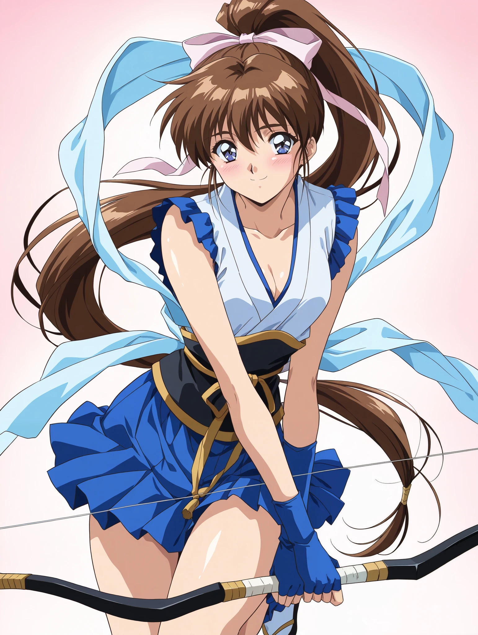 AMATSU _AI, one girl, Alone, brown hair, ponytail, very long hair, ribbon, hair ribbon, hair bow, blue eyes, bangs, purple eyes, high ponytail, 1990s \(style\),anime coloring, Tiny Breasts , cleavage, (bright smile:1.2), ( shy ), (blush), ( sexy pose), hagoromo, blue gloves, fingerless gloves, shoes, bow (weapon), skirt, japanese clothes, obi sash, thighs, sleeveless, collarbone, blue skirt, score_9, score_8_superior, score_7_superior, source_anime, (best quality:1.2), Masterpiece, high quality , full color, 8k, Hi-Res, front light