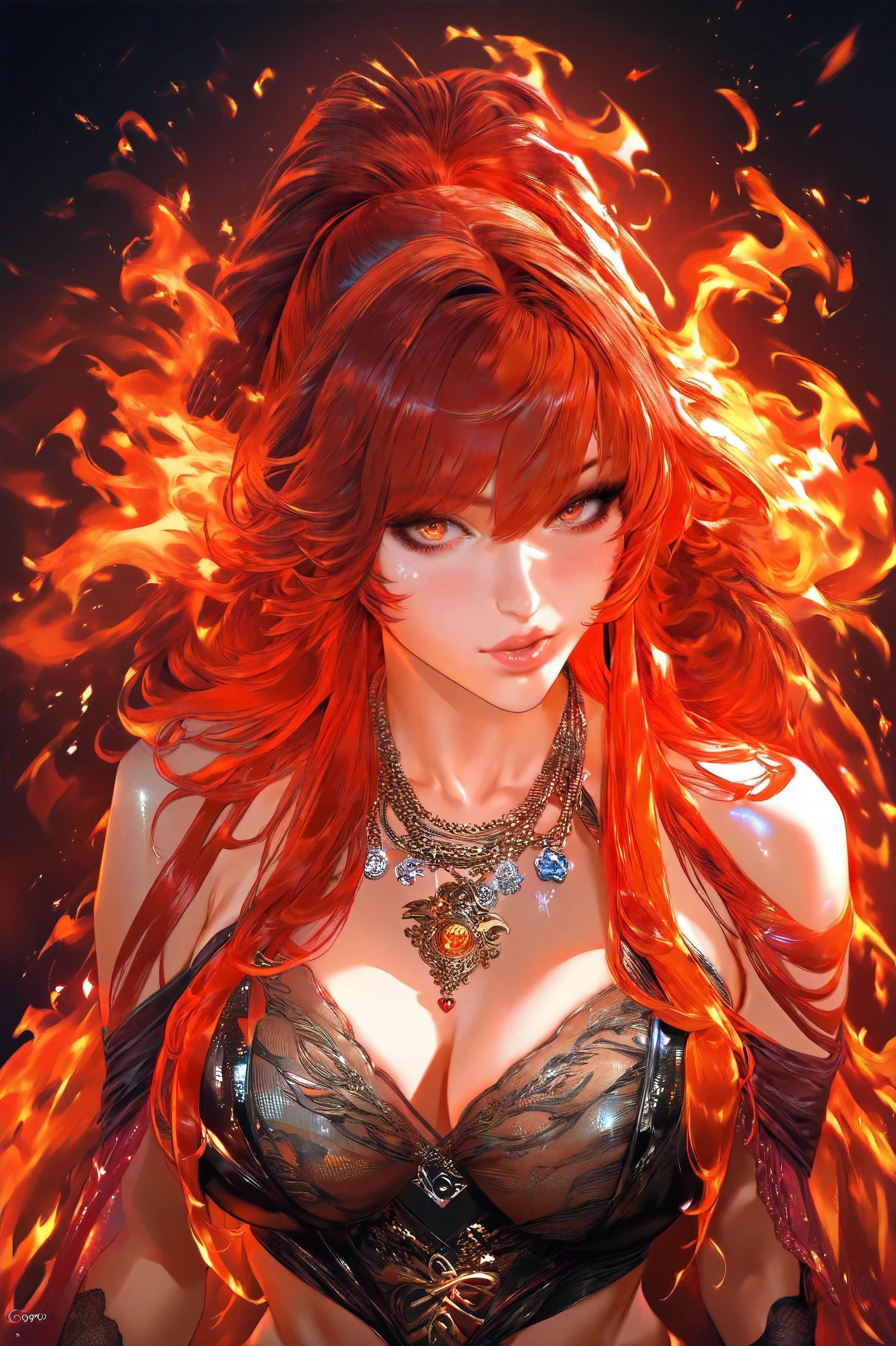 Beautiful girl covered in fire with red hair brown eyes big breasts UHD, textured skin, super detail, high details, high quality,