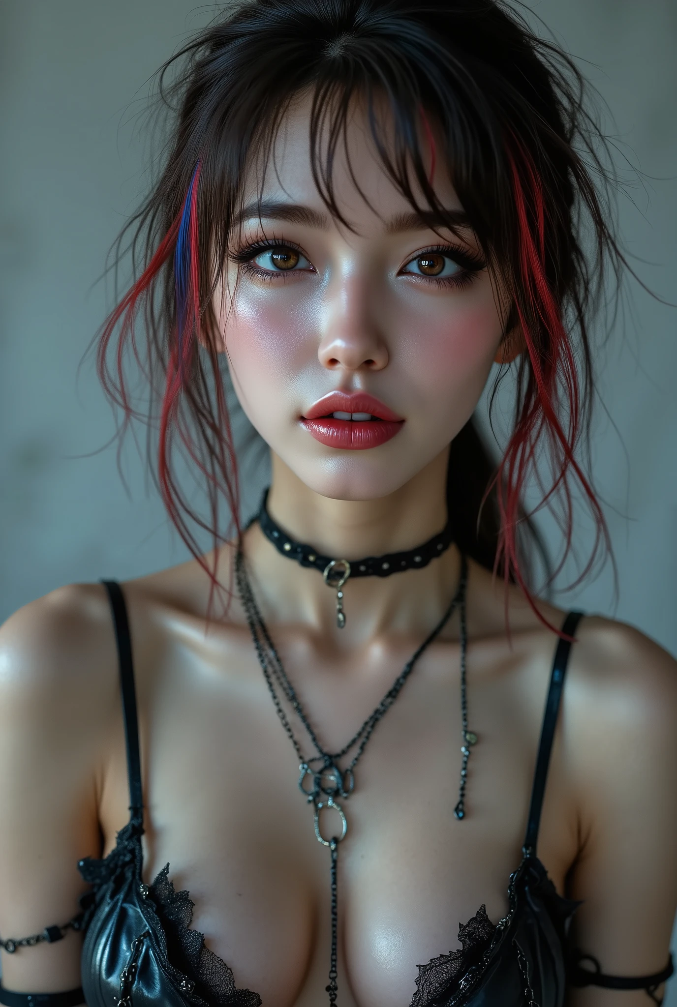 Realistic ((Photorealistic realism)),((high resolution)),((ultra insanel quality, professional extremely detailed digital art)), ((focus on extremely Realistic Proportion Body:1.3)), ((portrait)),((a cute and very beautiful, 1 Japanese, 30yo, famous Kpop idol:1.35)), (ultra realistic texture details: velvety skin, hair),((extremely beautiful face)), (intricate detail face), ((Hyper details realistic black_eyes:1.35)), ((finely details pupils:1.3)), ((detailed symmetrical lips:1.3)), (pink_lipstick:1.3), ((long eyelashes:1.4)), ((perfect dark_eyeshadows:1.4)), (Detailed nose:1.2), (perfect composition), ((pale skin)),((focus on the face, open mouth, joyful expression:1.24)),perfect female body,((Beautiful long legs in good style:1.3)),((no bra, no panties:1.3)), (medium butt),(skinny body build),(perfect hot model body:1.4),((slim belly: 1.2)),(muscular body),((red and blue stylish hair:1.35), extremely detailed:1.33), dressed in a slave outfit (made of latex:1.3), (dressed in tank top (latex with chains:1.3)),long pants (tight black lace-up latex:1.4)., Depth of field, cinematic light, Lens flare, dslr, best high quality soft lighting, sharp focus captured by Fujifilm XT3, f 5.6, in a dramatic lighting,((show high exposed thighs:1.3)),((full body shot:1.5))