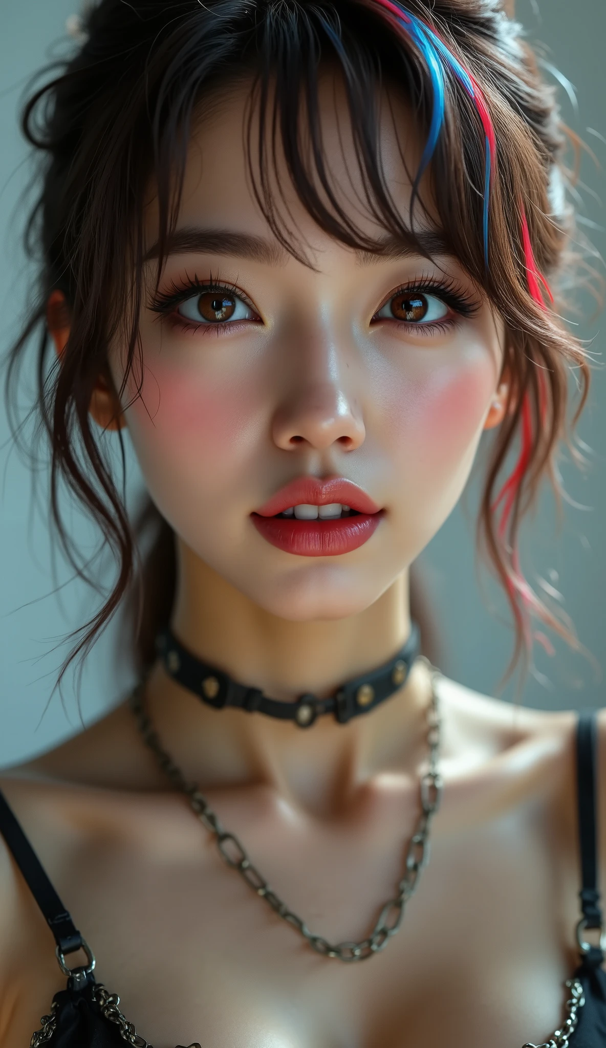 Realistic ((Photorealistic realism)),((high resolution)),((ultra insanel quality, professional extremely detailed digital art)), ((focus on extremely Realistic Proportion Body:1.3)), ((portrait)),((a cute and very beautiful, 1 Japanese, 30yo, famous Kpop idol:1.35)), (ultra realistic texture details: velvety skin, hair),((extremely beautiful face)), (intricate detail face), ((Hyper details realistic black_eyes:1.35)), ((finely details pupils:1.3)), ((detailed symmetrical lips:1.3)), (pink_lipstick:1.3), ((long eyelashes:1.4)), ((perfect dark_eyeshadows:1.4)), (Detailed nose:1.2), (perfect composition), ((pale skin)),((focus on the face, open mouth, joyful expression:1.24)),perfect female body,((Beautiful long legs in good style:1.3)),((no bra, no panties:1.3)), (medium butt),(skinny body build),(perfect hot model body:1.4),((slim belly: 1.2)),(muscular body),((red and blue stylish hair:1.35), extremely detailed:1.33), dressed in a slave outfit (made of latex:1.3), (dressed in tank top (latex with chains:1.3)),long pants (tight black lace-up latex:1.4)., Depth of field, cinematic light, Lens flare, dslr, best high quality soft lighting, sharp focus captured by Fujifilm XT3, f 5.6, in a dramatic lighting,((show high exposed thighs:1.3)),((full body shot:1.5))