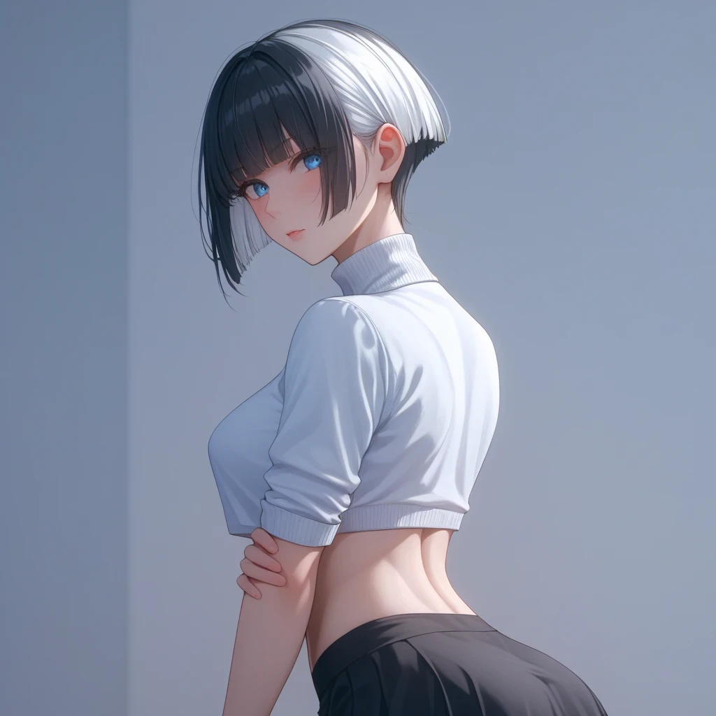 ((Thick dark hair ))、(White inner hair ), best quality 、 Masterpiece、( professional lighting )、 surreal、 ,(Nipples:0.65), Charming、 slender supermodel 、 one adult female , ( lean against the camera and show off your butt ), ( The bust is slightly larger, midriff peek ), ( arched , White skin without wrinkles or irregularities ), ( bright , kissed by her beautiful blue eyes , (( casual princess cut without shadows , layered cut )), ( A black mini tight skirt ,(( black tight cropped turtleneck ))) , ( bright 光の中で目を細める美しい顔 ),