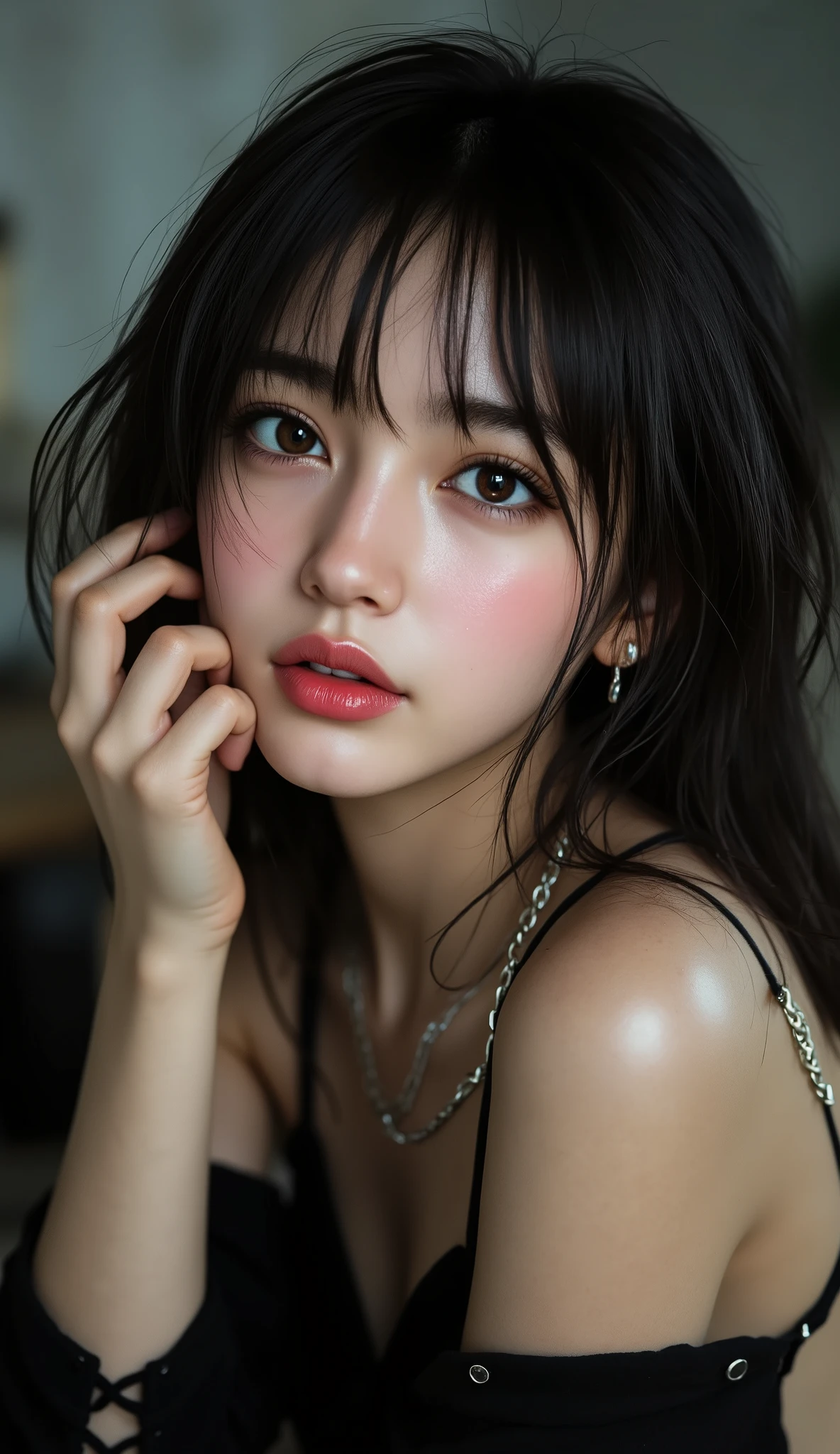 Realistic ((Photorealistic realism)),((high resolution)),((ultra insanel quality, professional extremely detailed digital art)), ((focus on extremely Realistic Proportion Body:1.3)), ((portrait)),((a cute and very beautiful, 1 Japanese, 30yo, famous Kpop idol:1.35)), (ultra realistic texture details: velvety skin, hair),((extremely beautiful face)), (intricate detail face), ((Hyper details realistic black_eyes:1.35)), ((finely details pupils:1.3)), ((detailed symmetrical lips:1.3)), (pink_lipstick:1.3), ((long eyelashes:1.4)), ((perfect dark_eyeshadows:1.4)), (Detailed nose:1.2), (perfect composition), ((pale skin)),(focus on the face, open mouth, joyful expression:1.24),perfect female body,((Beautiful long legs in good style:1.5)),((no bra, no panties:1.3)), (medium butt),(skinny body build),(perfect hot model body:1.4),((slim belly: 1.2)),(muscular body),((red and (blue) stylish hair:1.35), extremely detailed:1.33), dressed in a slave outfit (made of latex:1.3), ((dressed in tank top (latex with chains:1.3)),long pants (tight black lace-up latex:1.4))., Depth of field, cinematic light, Lens flare, dslr, best high quality soft lighting, sharp focus captured by Fujifilm XT3, f 5.6, in a dramatic lighting,((show high exposed thighs:1.4)),(((full body shot:1.5)))